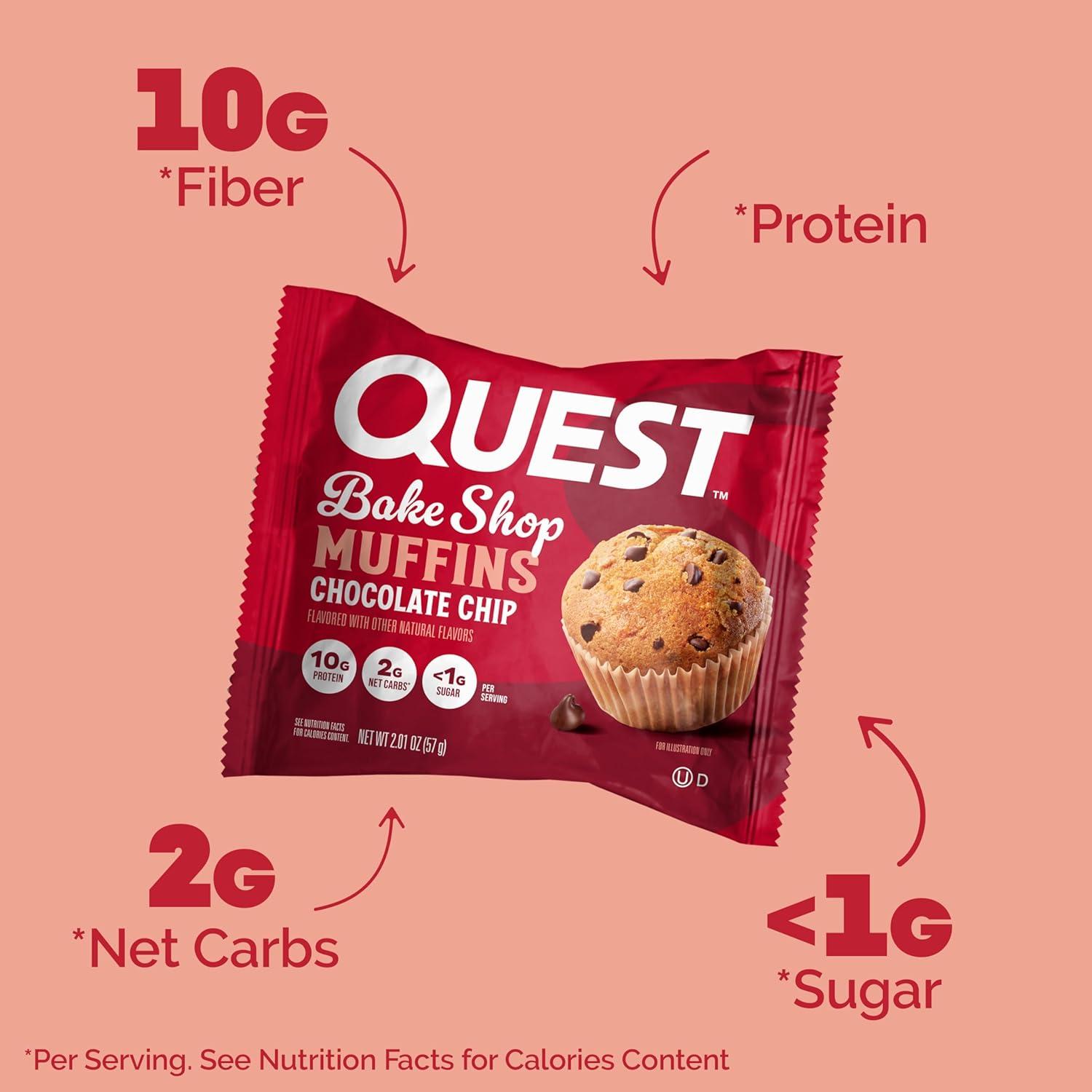 image:imageQuest Nutrition Chocolate Chip Muffin 10g Protein 2g Net Carb Less than 1g Sugar Protein Snack 4 Count