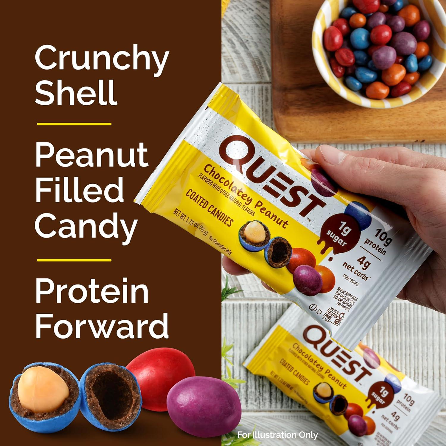 image:imageQuest Nutrition Coated Candies Peanut Butter 1g Sugar 10g Protein 4g Net Carbs Gluten Free Keto Friendly 12 CountChocolatey Peanut