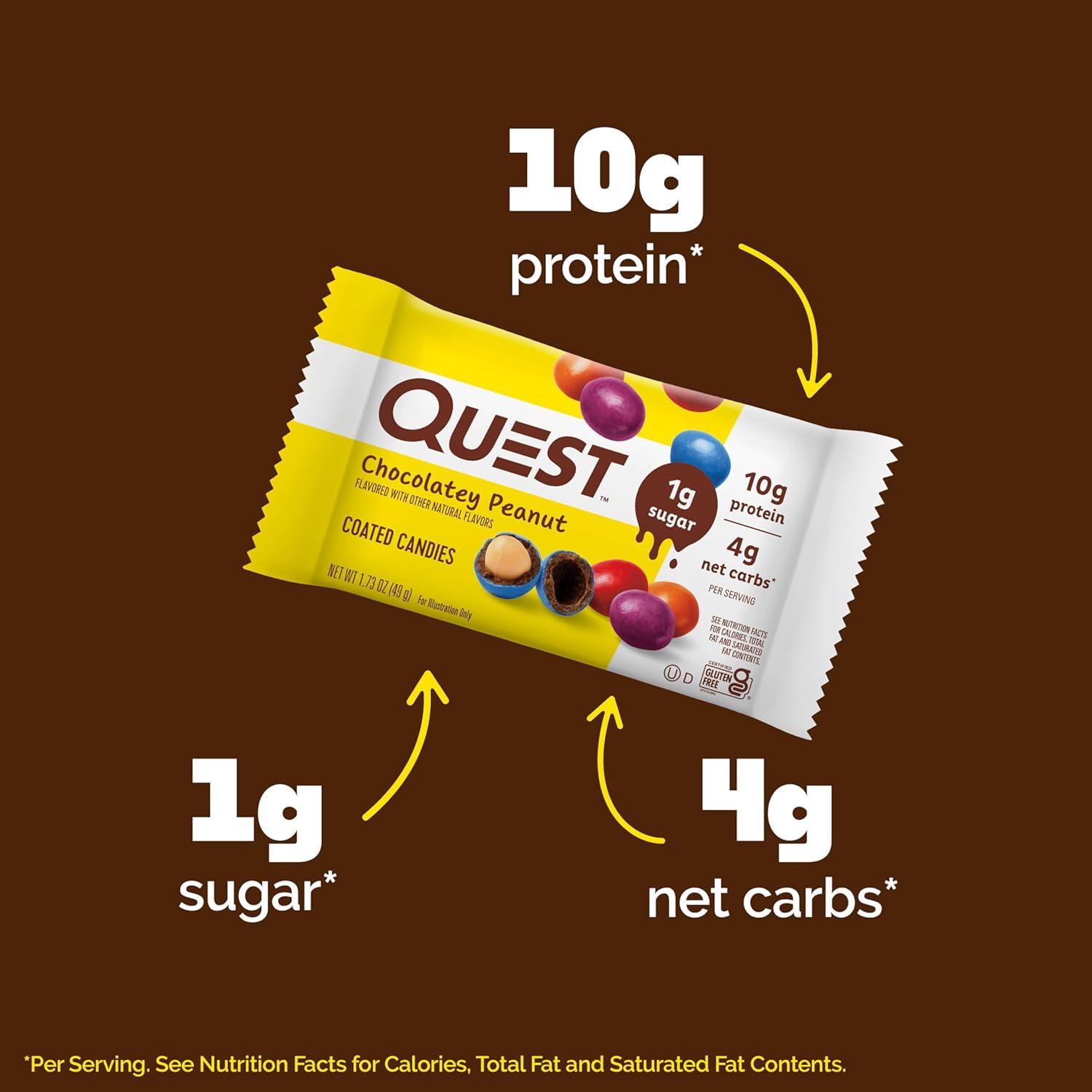image:imageQuest Nutrition Coated Candies Peanut Butter 1g Sugar 10g Protein 4g Net Carbs Gluten Free Keto Friendly 12 CountChocolatey Peanut