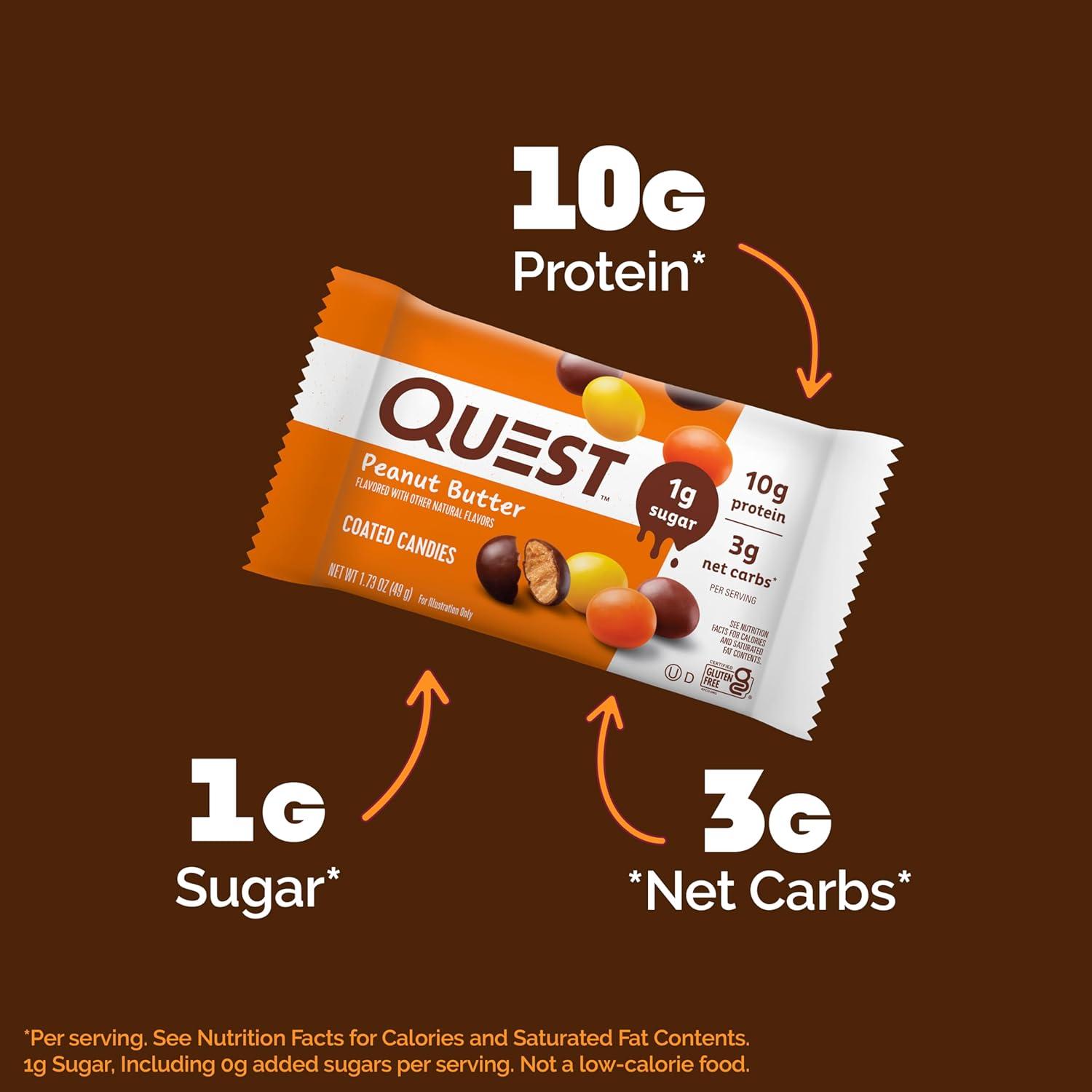 image:imageQuest Nutrition Coated Candies Peanut Butter 1g Sugar 10g Protein 4g Net Carbs Gluten Free Keto Friendly 12 CountPeanut Butter