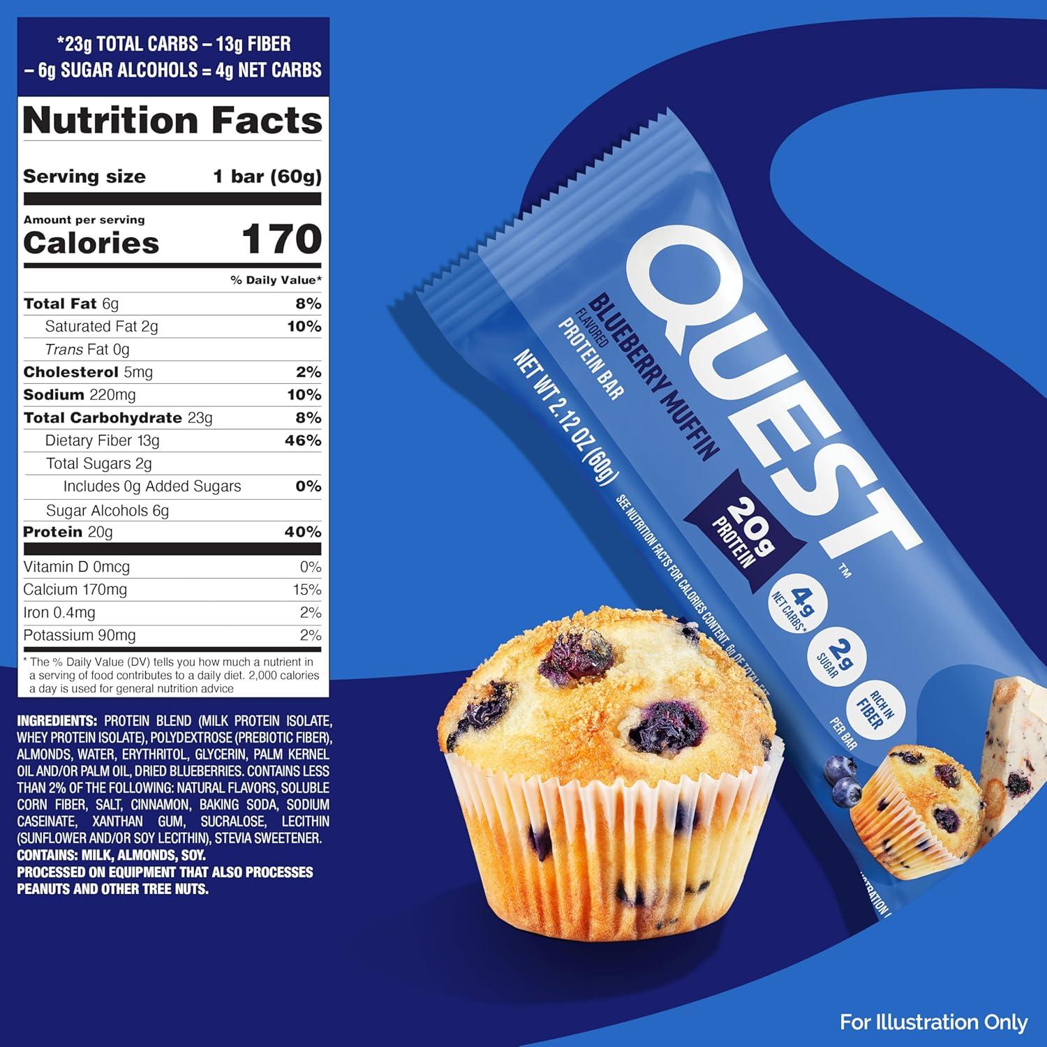 image:imageQuest Nutrition Cookies amp Cream Protein Bars 21g Protein 4g Net Carbs 1g Sugar High Fiber Gluten Free Keto Friendly 4 CountBlueberry Muffin