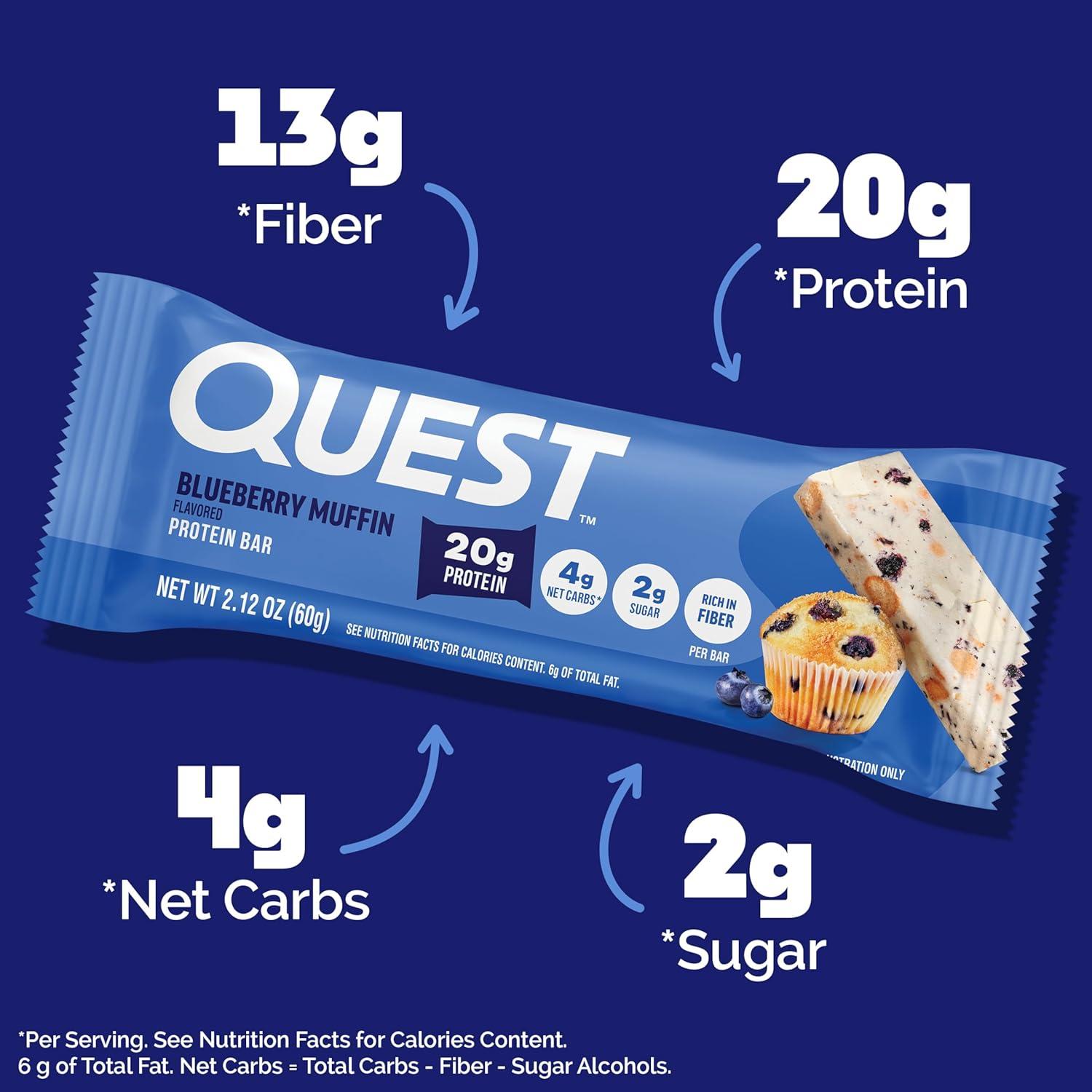 image:imageQuest Nutrition Cookies amp Cream Protein Bars 21g Protein 4g Net Carbs 1g Sugar High Fiber Gluten Free Keto Friendly 4 CountBlueberry Muffin