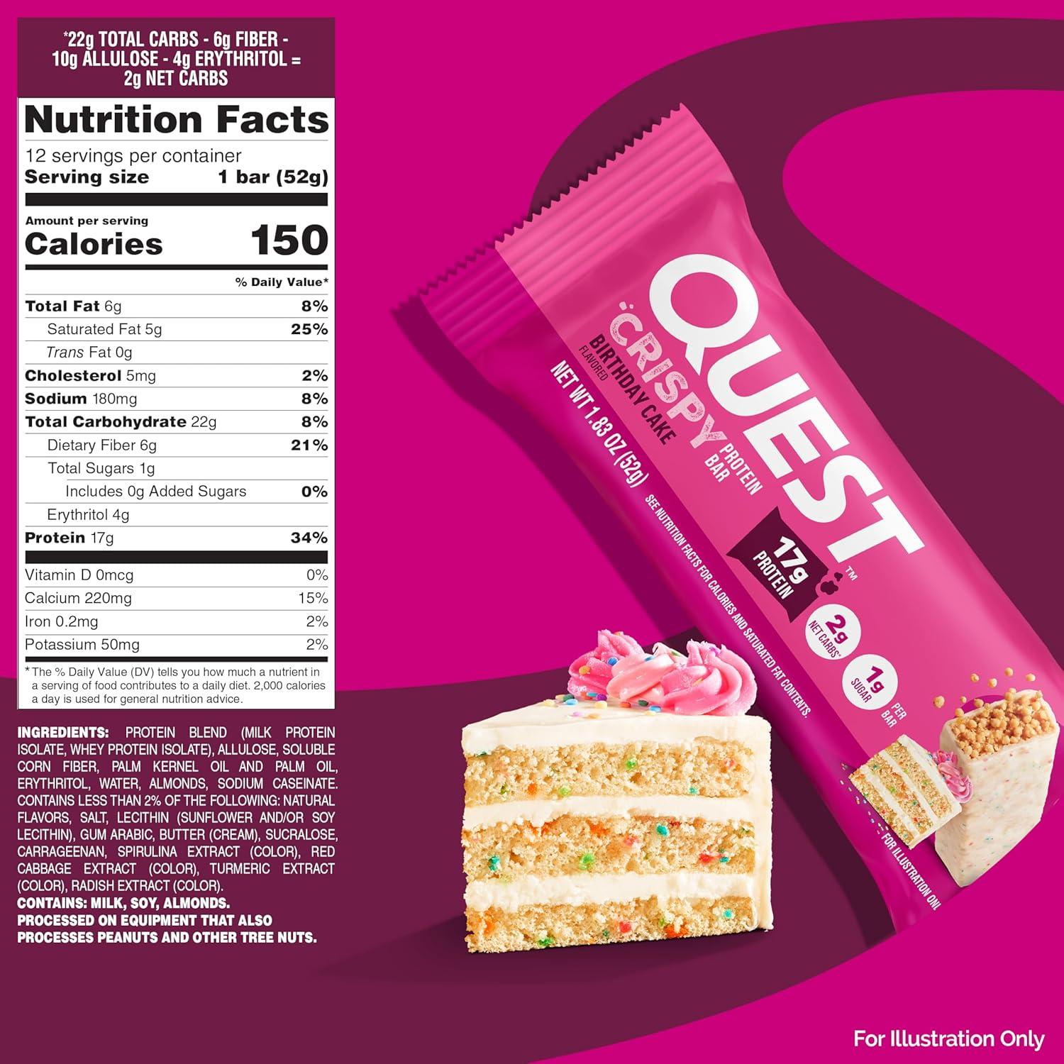 image:imageQuest Nutrition Crispy Cookies amp Cream Hero Protein Bar 18g Protein 1g Sugar 3g Net Carb Gluten Free Protein Snack Keto Friendly 12 CountBirthday Cake
