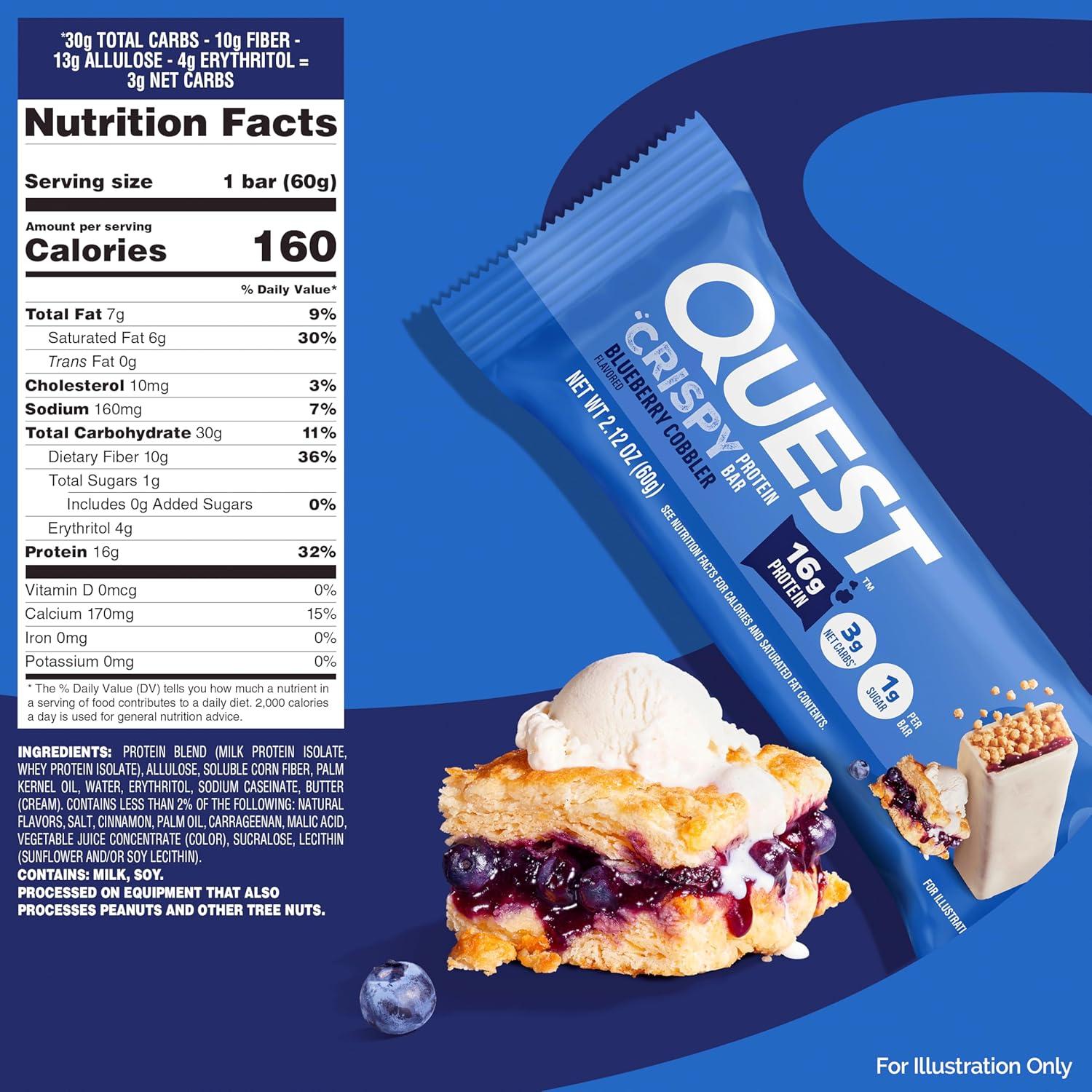 image:imageQuest Nutrition Crispy Cookies amp Cream Hero Protein Bar 18g Protein 1g Sugar 3g Net Carb Gluten Free Protein Snack Keto Friendly 12 CountBlueberry Cobbler