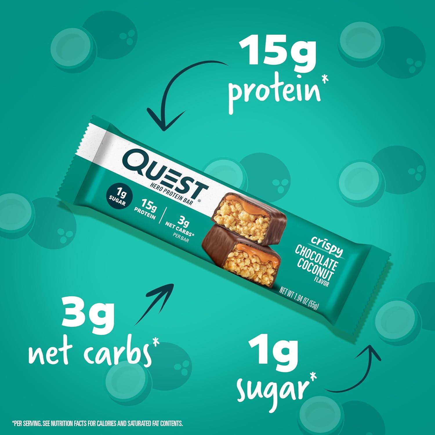image:imageQuest Nutrition Crispy Cookies amp Cream Hero Protein Bar 18g Protein 1g Sugar 3g Net Carb Gluten Free Protein Snack Keto Friendly 12 CountChocolate Coconut