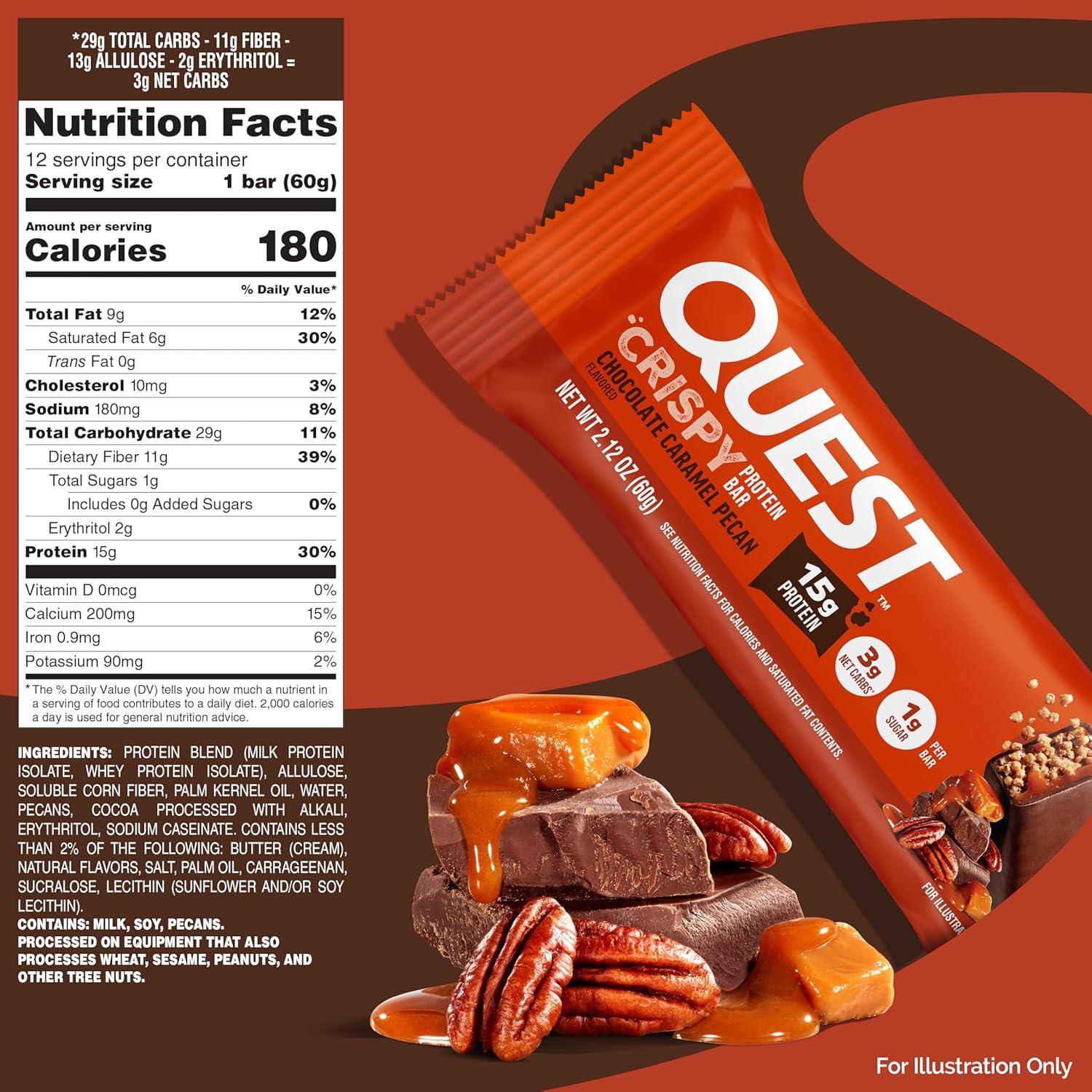 image:imageQuest Nutrition Crispy Cookies amp Cream Hero Protein Bar 18g Protein 1g Sugar 3g Net Carb Gluten Free Protein Snack Keto Friendly 12 CountChocolate Caramel Pecan