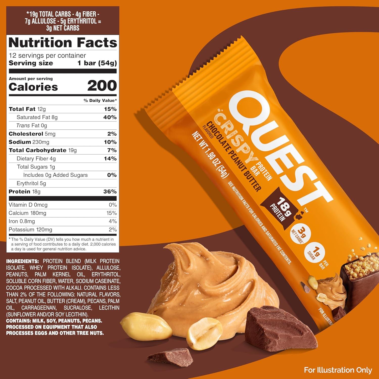 image:imageQuest Nutrition Crispy Cookies amp Cream Hero Protein Bar 18g Protein 1g Sugar 3g Net Carb Gluten Free Protein Snack Keto Friendly 12 CountChocolate Peanut Butter