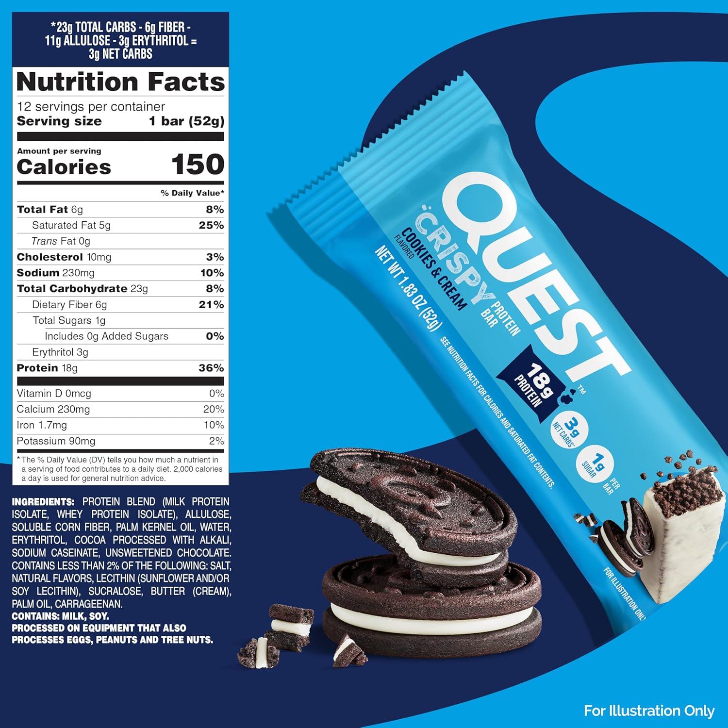 image:imageQuest Nutrition Crispy Cookies amp Cream Hero Protein Bar 18g Protein 1g Sugar 3g Net Carb Gluten Free Protein Snack Keto Friendly 12 CountCookies Cream