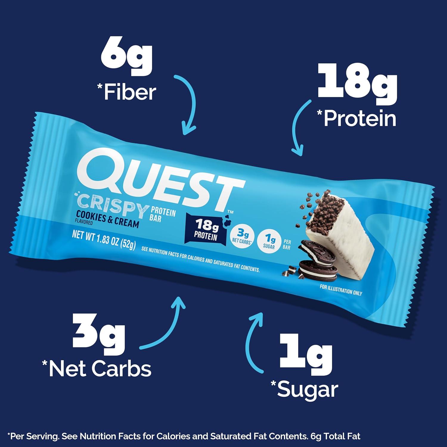 image:imageQuest Nutrition Crispy Cookies amp Cream Hero Protein Bar 18g Protein 1g Sugar 3g Net Carb Gluten Free Protein Snack Keto Friendly 12 CountCookies And Cream