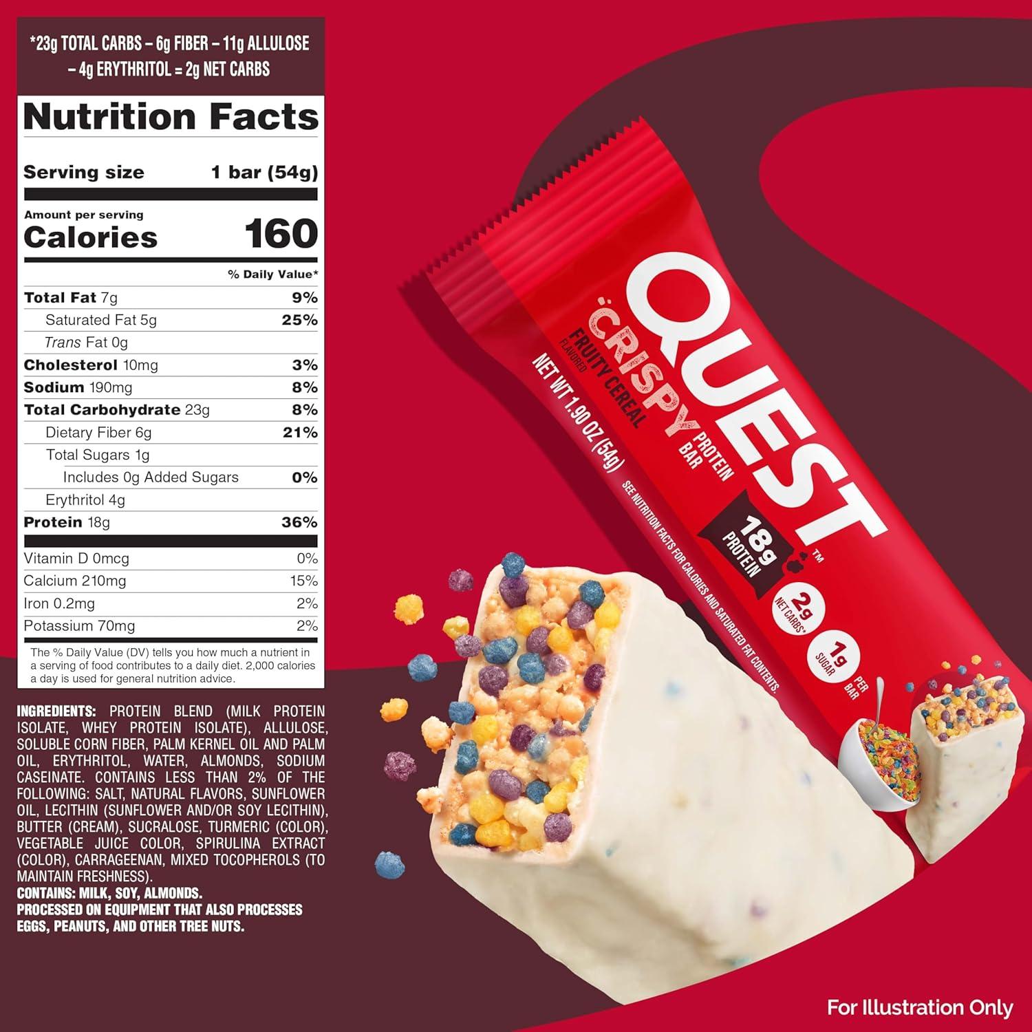 image:imageQuest Nutrition Crispy Cookies amp Cream Hero Protein Bar 18g Protein 1g Sugar 3g Net Carb Gluten Free Protein Snack Keto Friendly 12 CountFruity Cereal