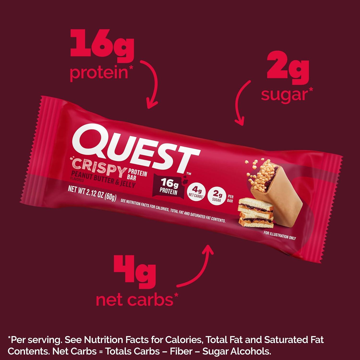 image:imageQuest Nutrition Crispy Cookies amp Cream Hero Protein Bar 18g Protein 1g Sugar 3g Net Carb Gluten Free Protein Snack Keto Friendly 12 CountPeanut Butter Jelly