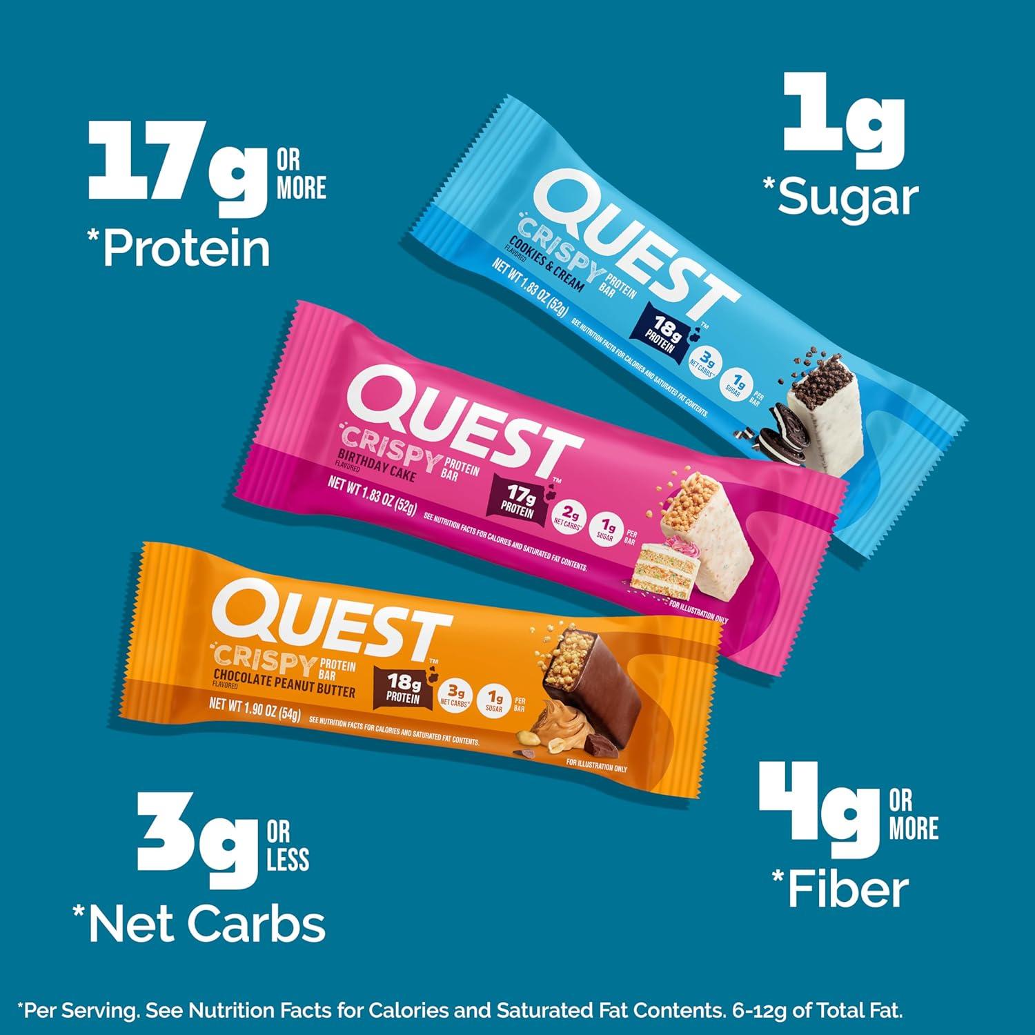 image:imageQuest Nutrition Crispy Cookies amp Cream Hero Protein Bar 18g Protein 1g Sugar 3g Net Carb Gluten Free Protein Snack Keto Friendly 12 CountVariety Pack
