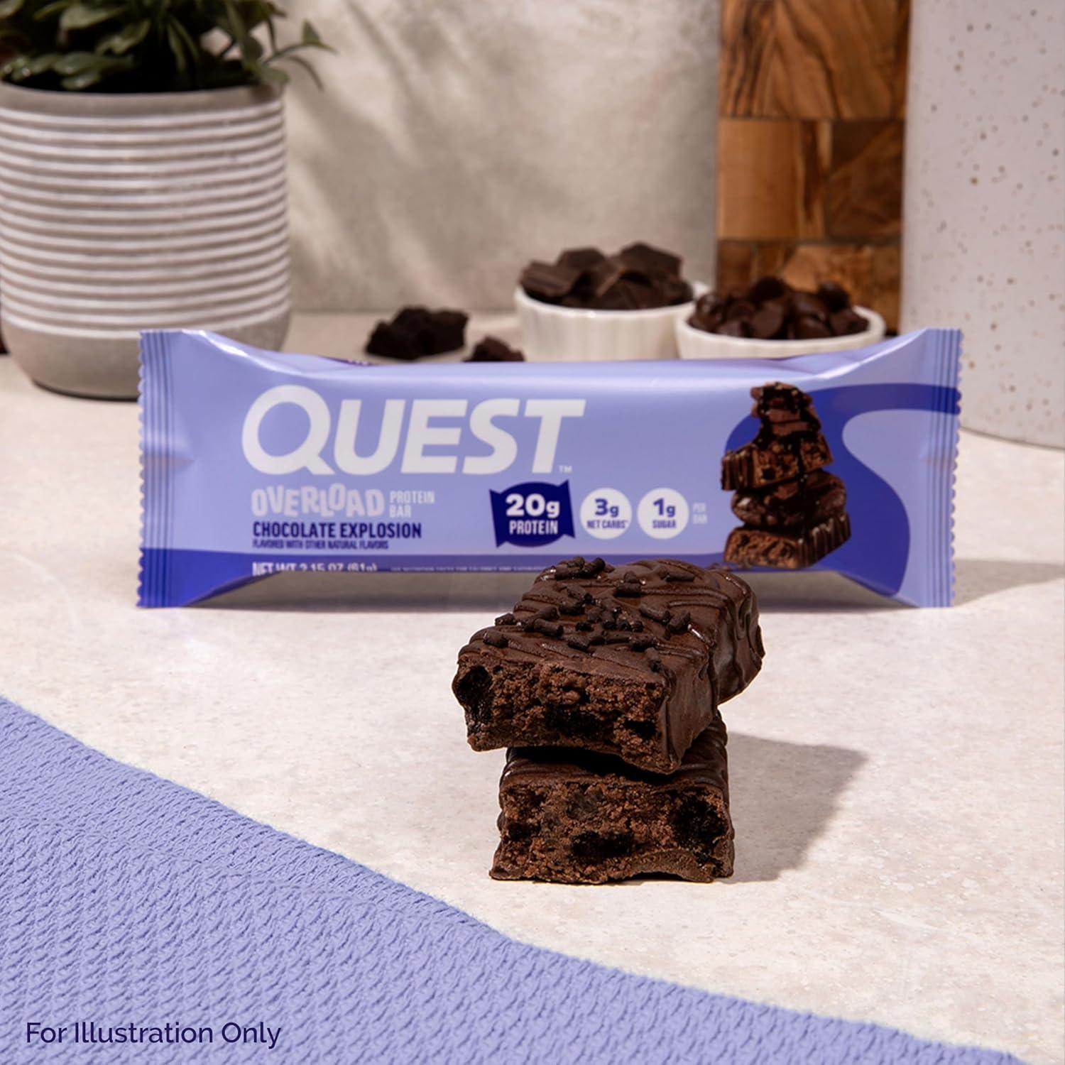 image:imageQuest Nutrition Overload Protein Bars Chocolate Explosion 20g Protein 1g Sugar 3g Net Carbs Gluten Free 12 CountChocolate Explosion