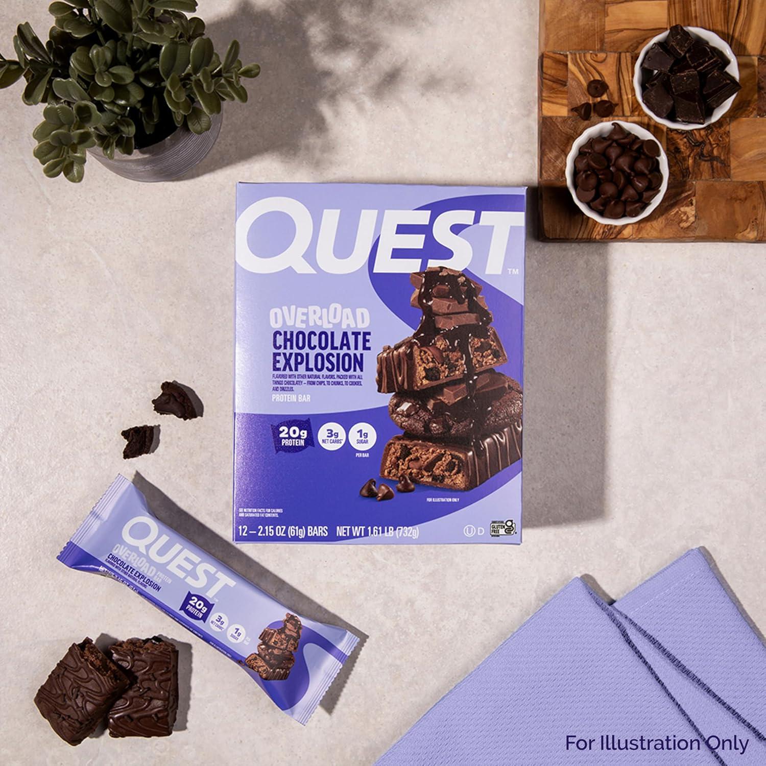 image:imageQuest Nutrition Overload Protein Bars Chocolate Explosion 20g Protein 1g Sugar 3g Net Carbs Gluten Free 12 CountChocolate Explosion