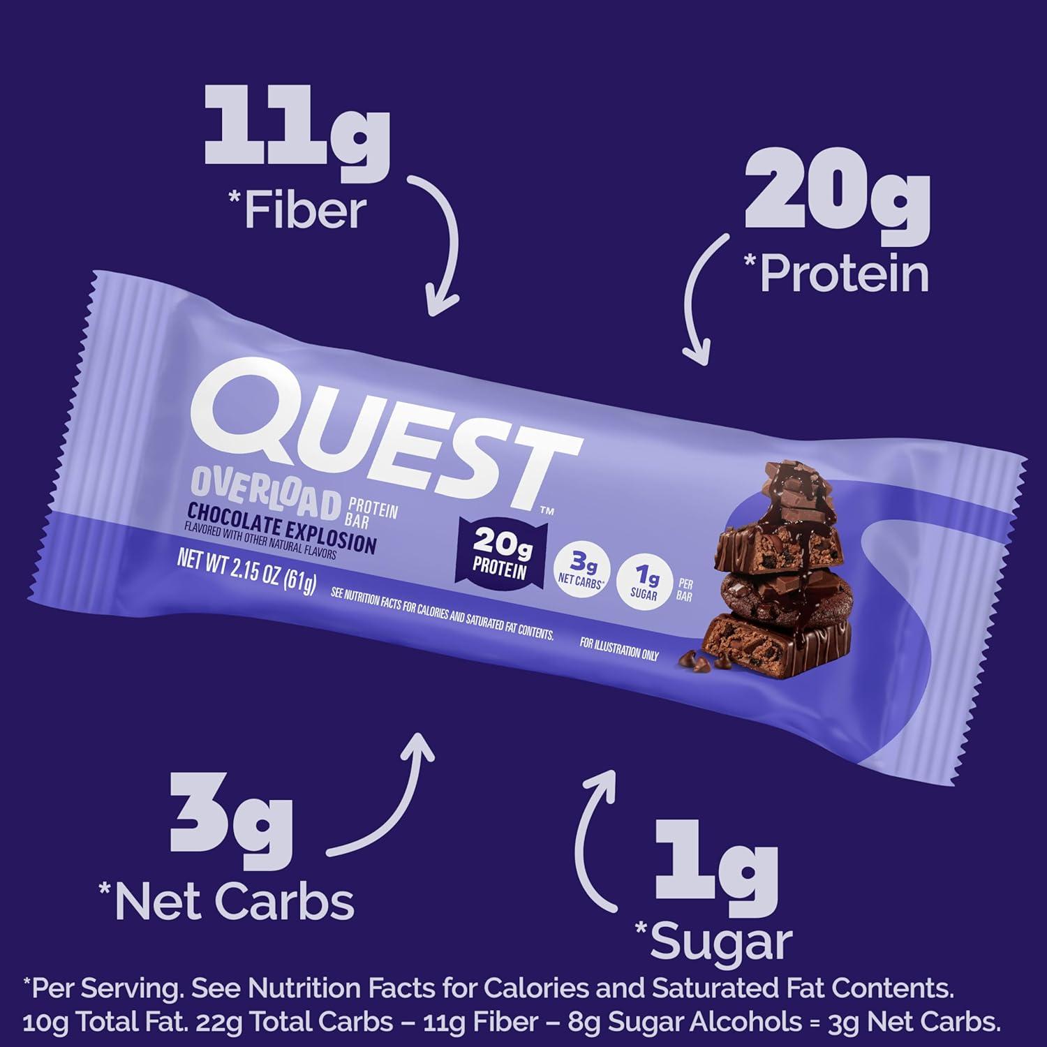 image:imageQuest Nutrition Overload Protein Bars Chocolate Explosion 20g Protein 1g Sugar 3g Net Carbs Gluten Free 12 CountChocolate Explosion