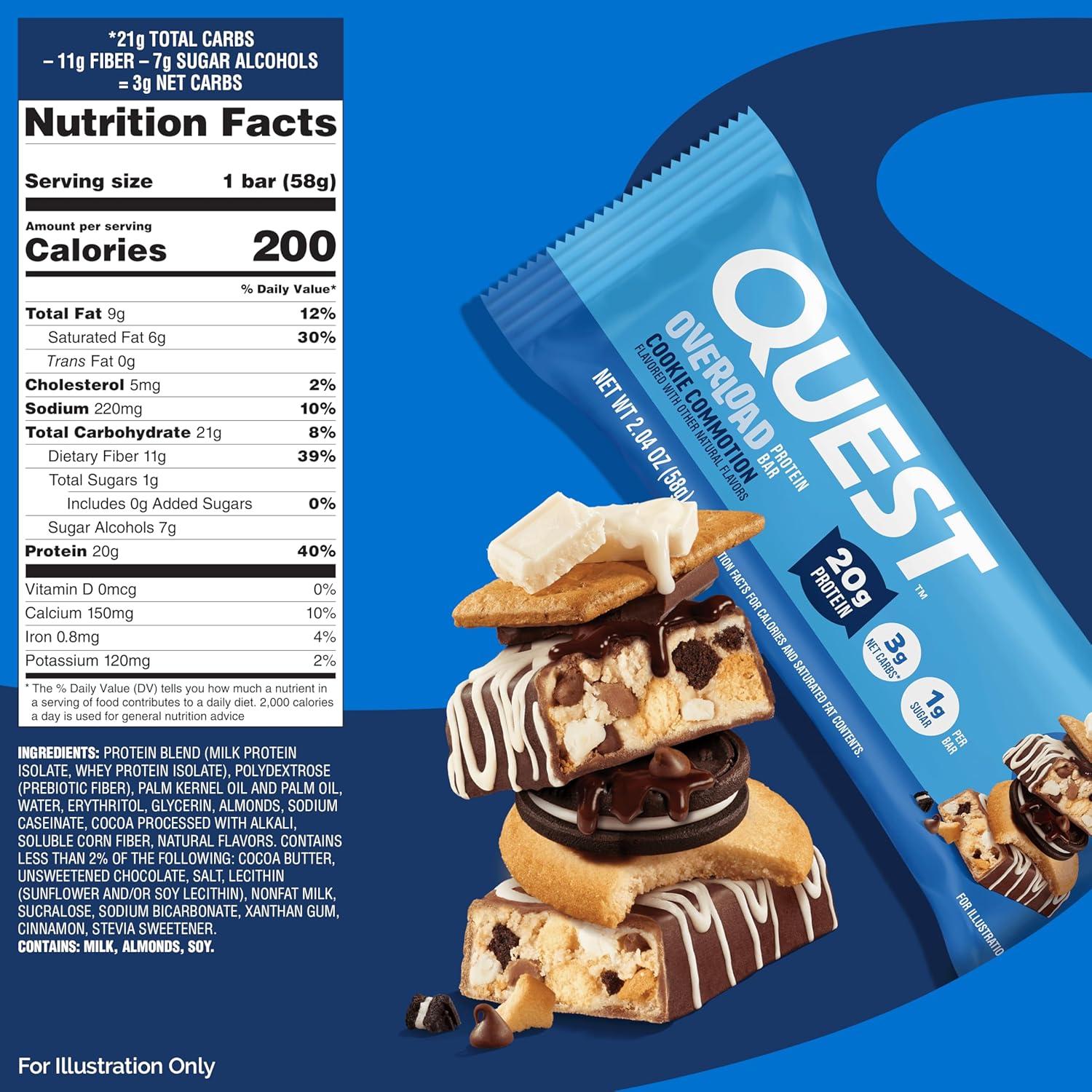 image:imageQuest Nutrition Overload Protein Bars Chocolate Explosion 20g Protein 1g Sugar 3g Net Carbs Gluten Free 12 CountCookie Commotion