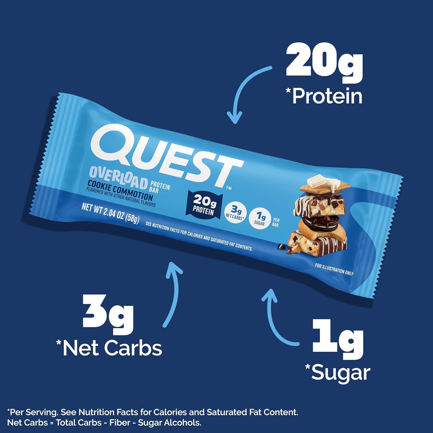 image:imageQuest Nutrition Overload Protein Bars Chocolate Explosion 20g Protein 1g Sugar 3g Net Carbs Gluten Free 12 CountCookie Commotion