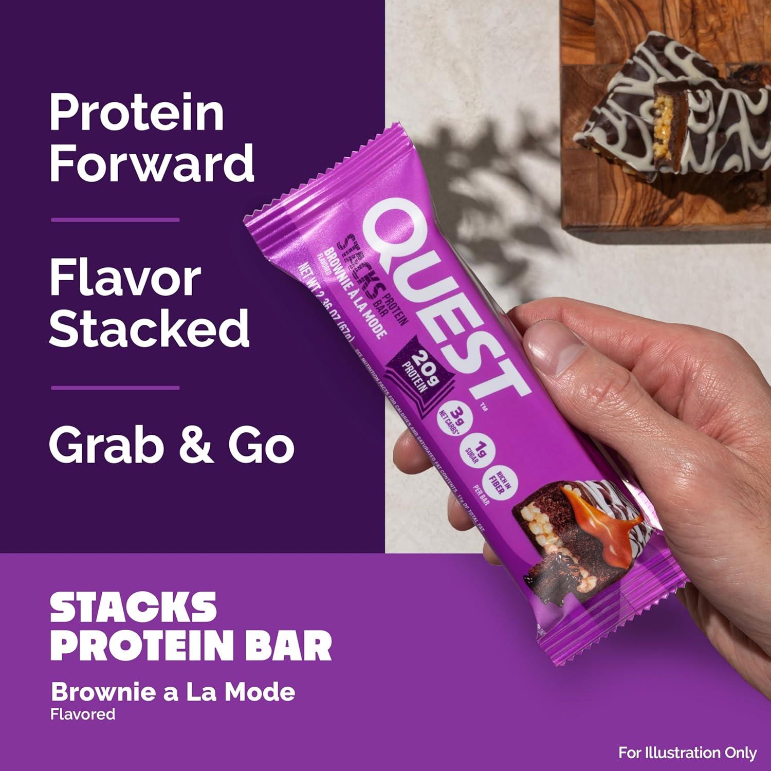 image:imageQuest Nutrition Stacks Protein Bars Brownie a la Mode Flavor 20g Protein 3g Net Carbs 1g Sugar High Fiber Low Sugar Gluten Free 12 CountBrownie a la Mode