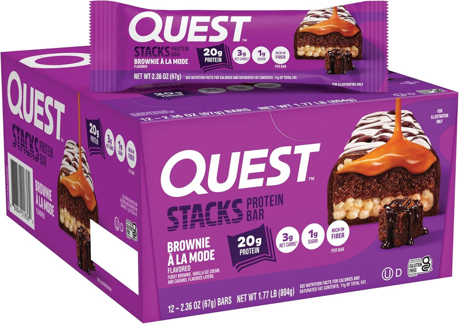 image:imageQuest Nutrition Stacks Protein Bars Brownie a la Mode Flavor 20g Protein 3g Net Carbs 1g Sugar High Fiber Low Sugar Gluten Free 12 CountBrownie a la Mode
