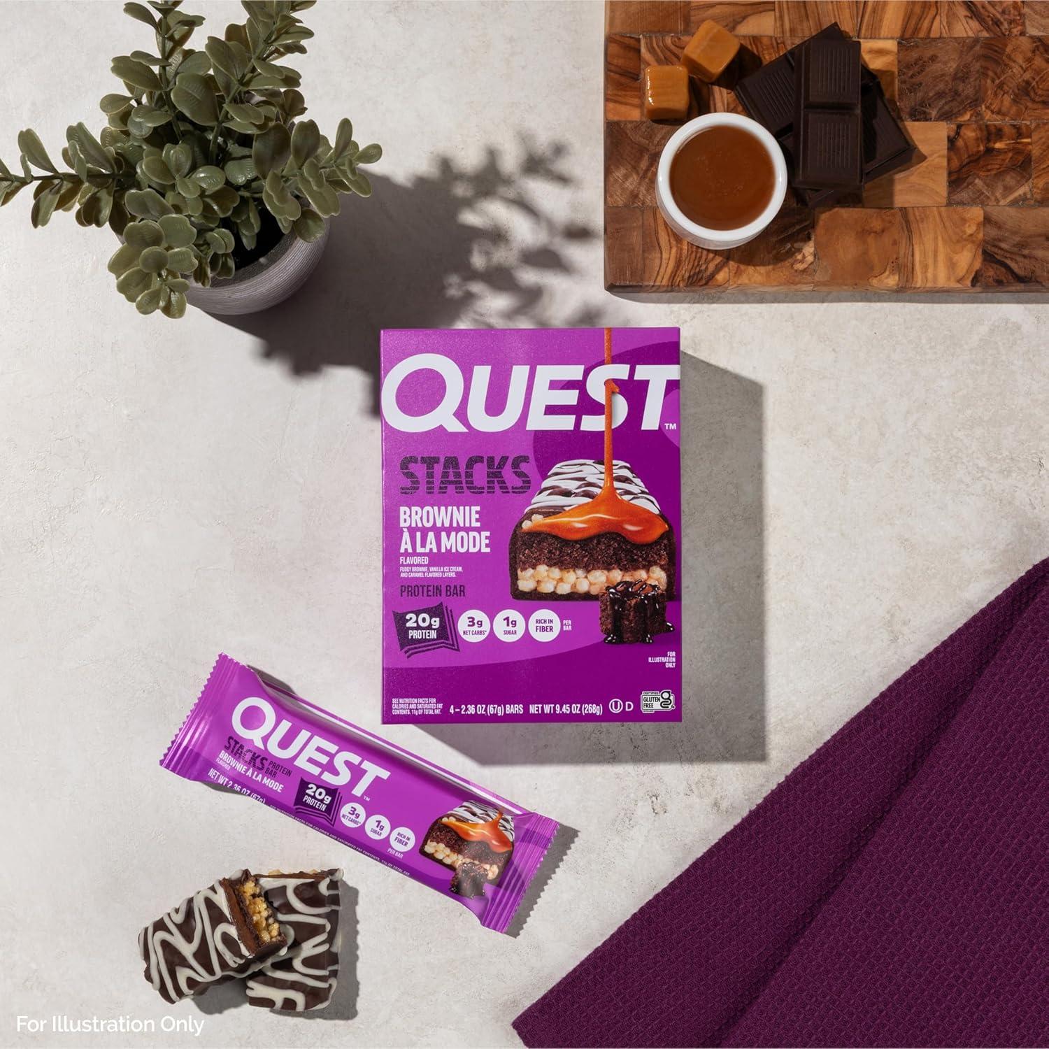 image:imageQuest Nutrition Stacks Protein Bars Brownie a la Mode Flavor 20g Protein 3g Net Carbs 1g Sugar High Fiber Low Sugar Gluten Free 12 CountBrownie a la Mode