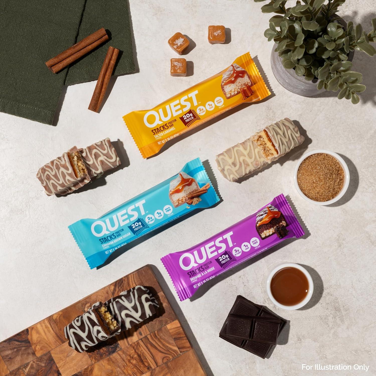 image:imageQuest Nutrition Stacks Protein Bars Brownie a la Mode Flavor 20g Protein 3g Net Carbs 1g Sugar High Fiber Low Sugar Gluten Free 12 CountBrownie a la Mode