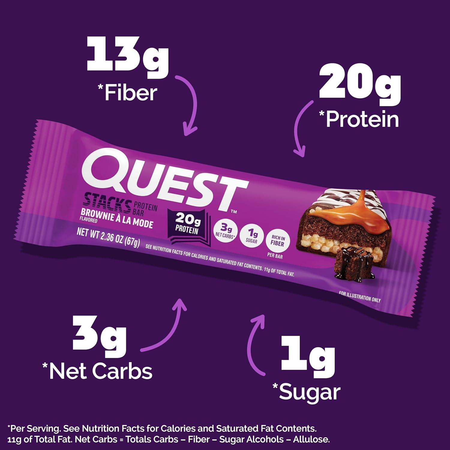 image:imageQuest Nutrition Stacks Protein Bars Brownie a la Mode Flavor 20g Protein 3g Net Carbs 1g Sugar High Fiber Low Sugar Gluten Free 12 CountBrownie a la Mode