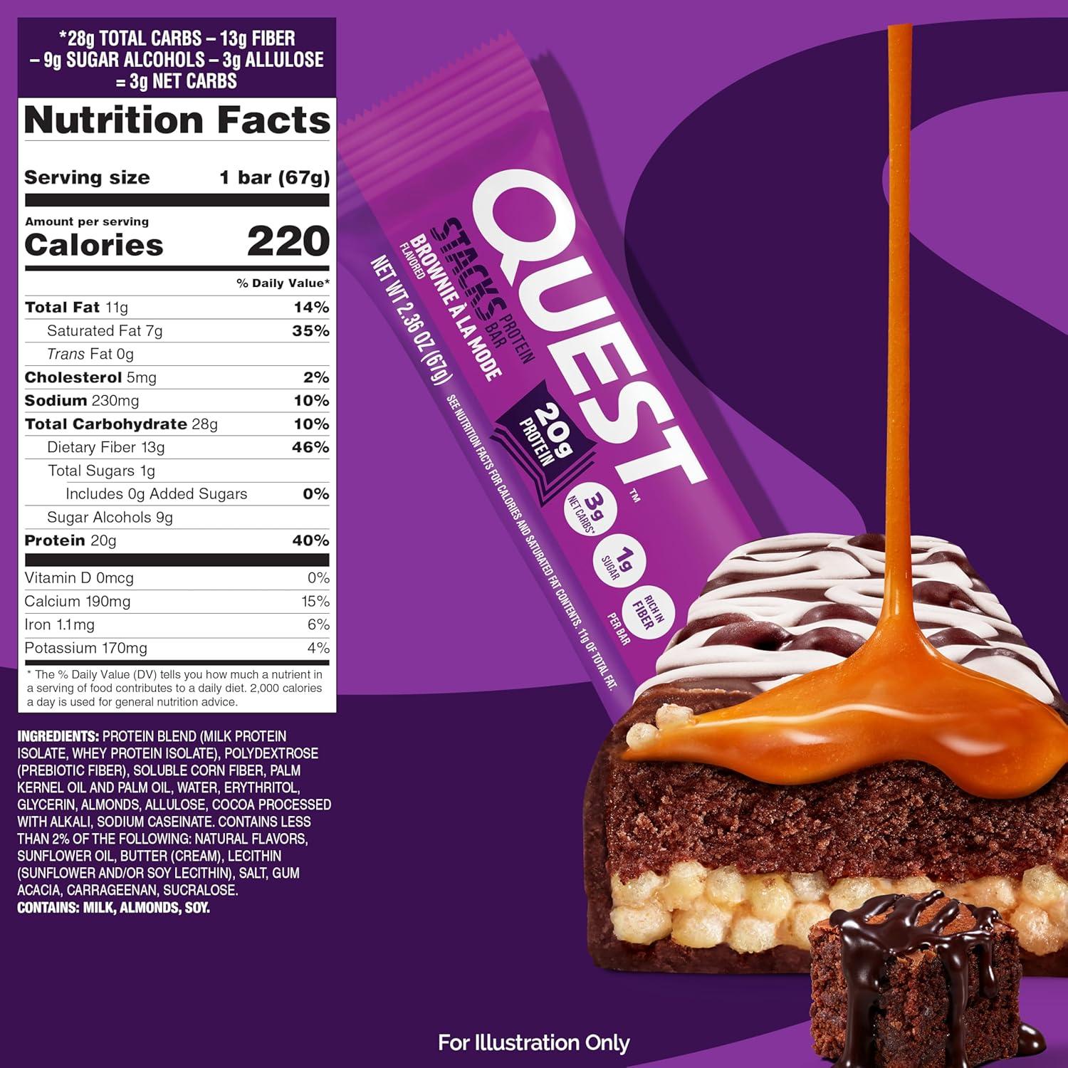image:imageQuest Nutrition Stacks Protein Bars Brownie a la Mode Flavor 20g Protein 3g Net Carbs 1g Sugar High Fiber Low Sugar Gluten Free 12 CountBrownie a la Mode