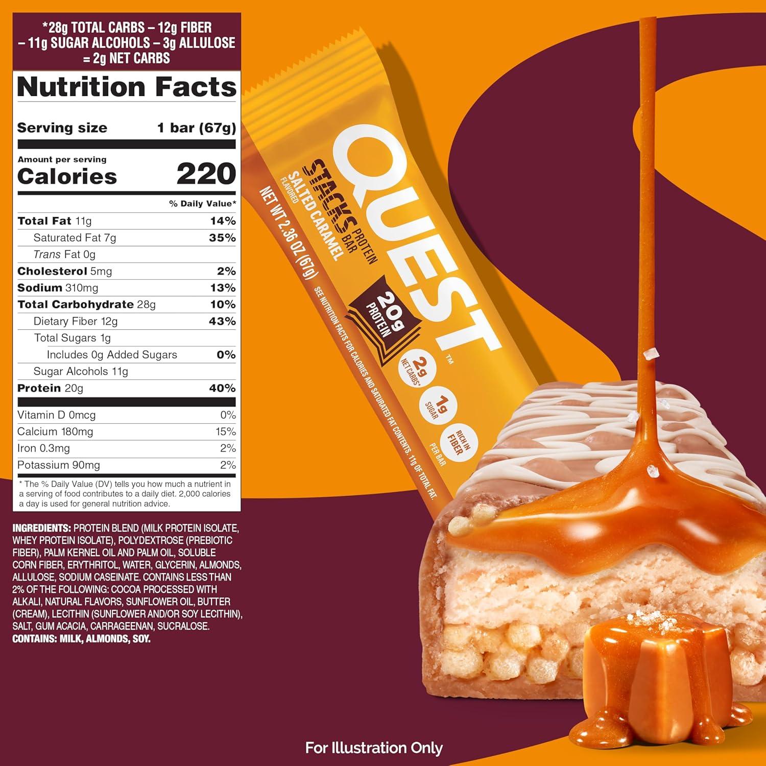 image:imageQuest Nutrition Stacks Protein Bars Brownie a la Mode Flavor 20g Protein 3g Net Carbs 1g Sugar High Fiber Low Sugar Gluten Free 12 CountSalted Caramel