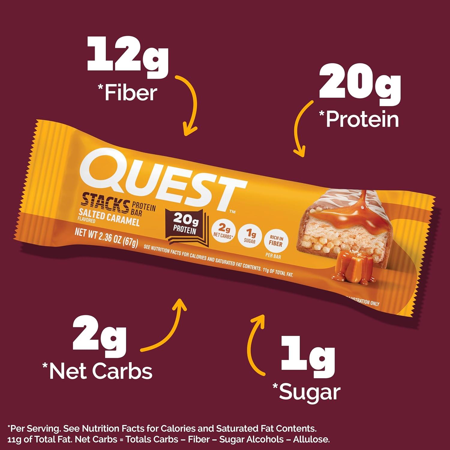 image:imageQuest Nutrition Stacks Protein Bars Brownie a la Mode Flavor 20g Protein 3g Net Carbs 1g Sugar High Fiber Low Sugar Gluten Free 12 CountSalted Caramel