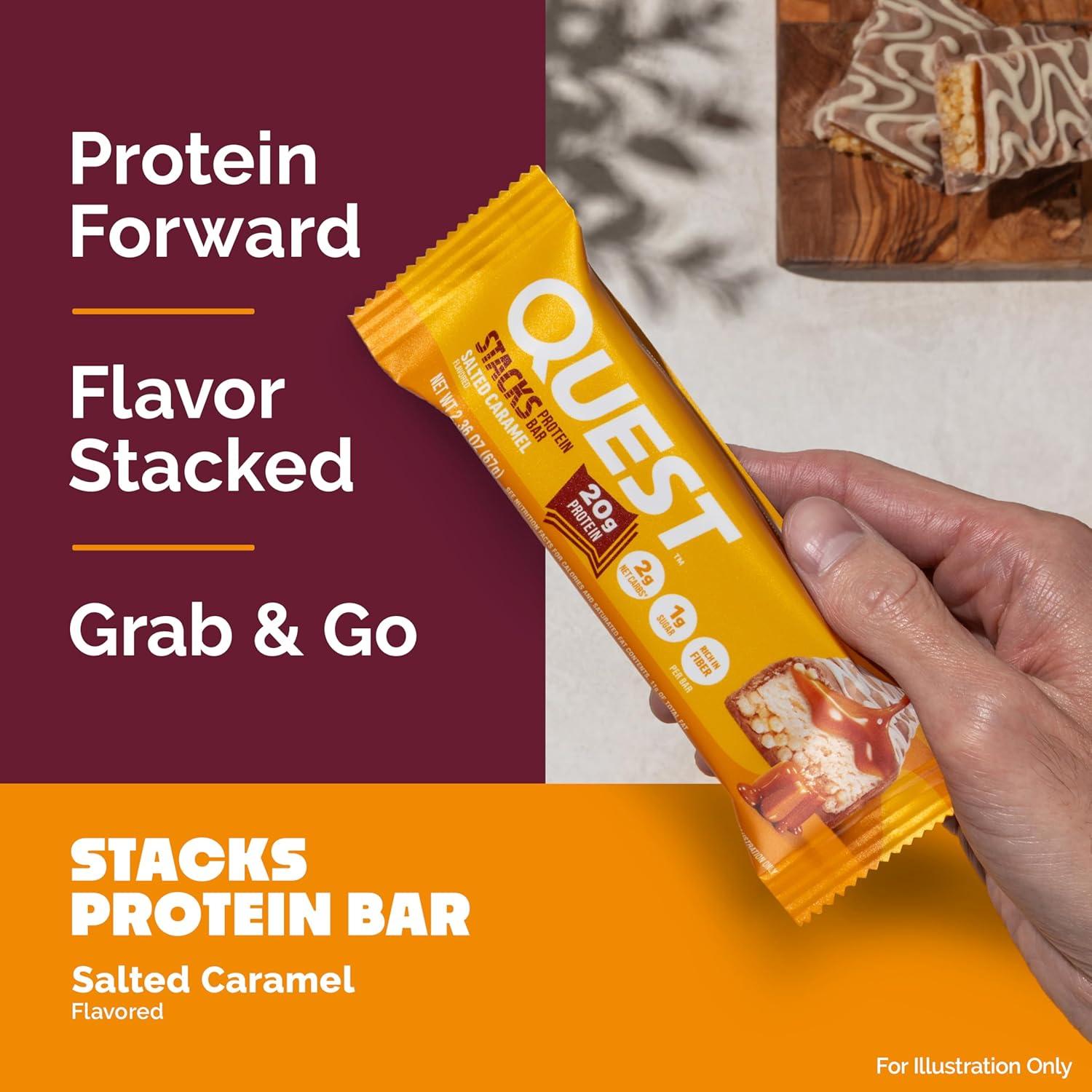 image:imageQuest Nutrition Stacks Protein Bars Brownie a la Mode Flavor 20g Protein 3g Net Carbs 1g Sugar High Fiber Low Sugar Gluten Free 12 CountSalted Caramel