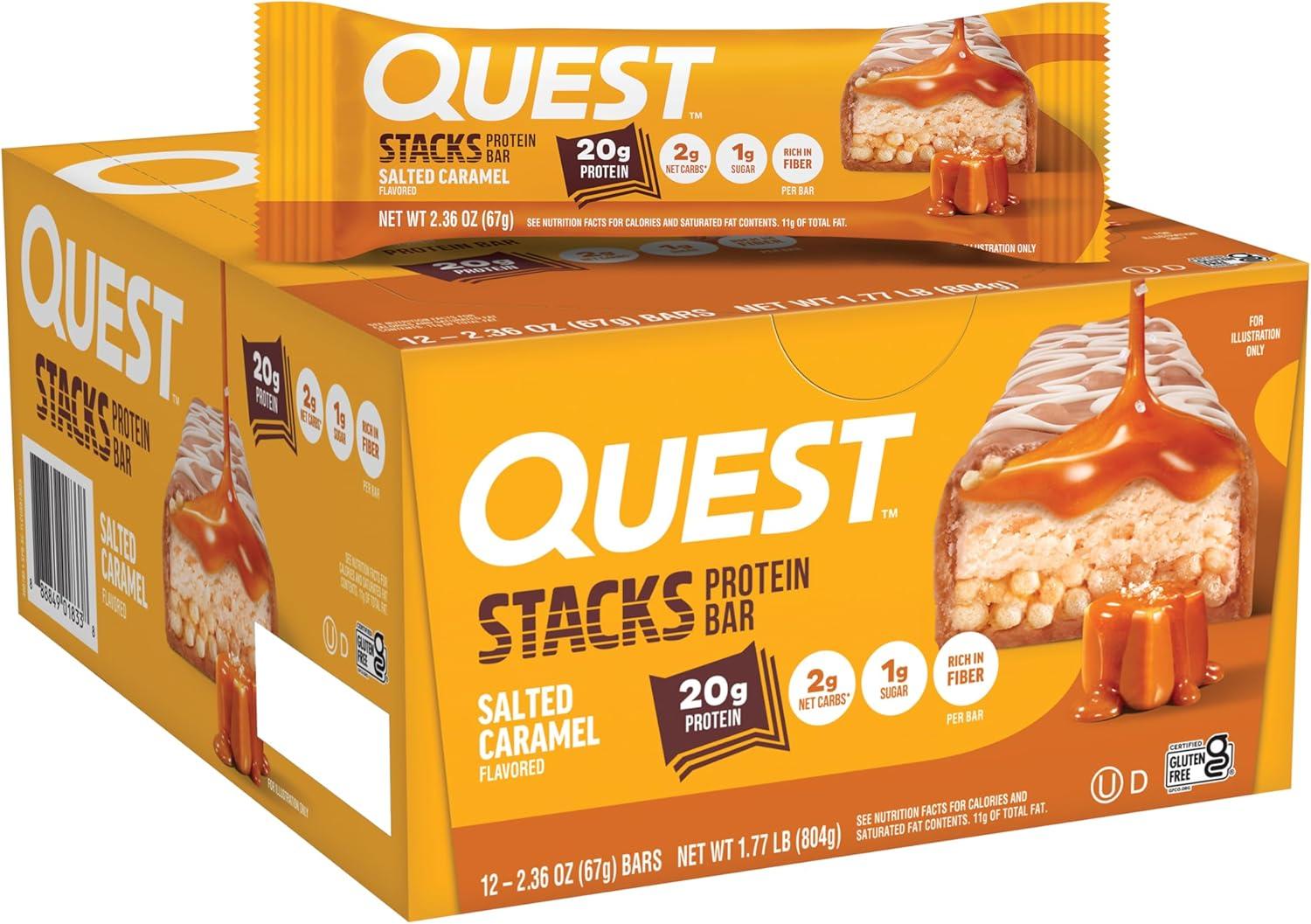 image:imageQuest Nutrition Stacks Protein Bars Brownie a la Mode Flavor 20g Protein 3g Net Carbs 1g Sugar High Fiber Low Sugar Gluten Free 12 CountSalted Caramel