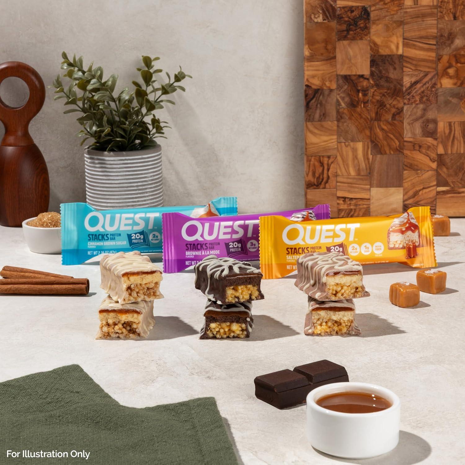 image:imageQuest Nutrition Stacks Protein Bars Brownie a la Mode Flavor 20g Protein 3g Net Carbs 1g Sugar High Fiber Low Sugar Gluten Free 12 CountSalted Caramel