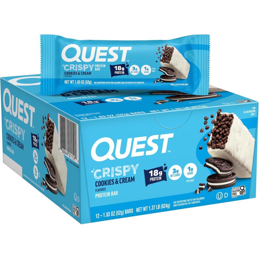 image:imageQuest Nutrition Crispy Cookies amp Cream Hero Protein Bar 18g Protein 1g Sugar 3g Net Carb Gluten Free Protein Snack Keto Friendly 12 CountCookies Cream
