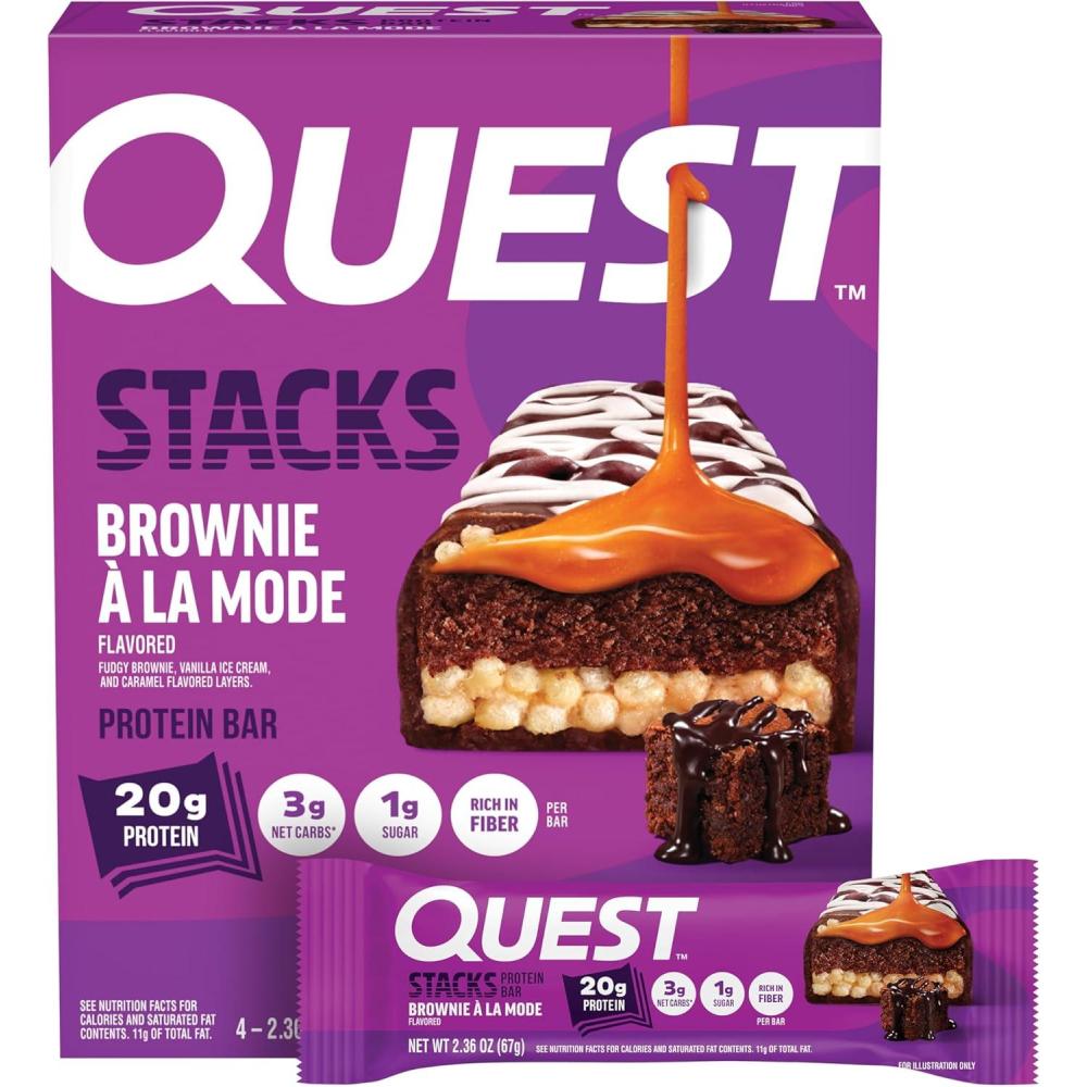 image:imageQuest Nutrition Stacks Protein Bars Brownie a la Mode Flavor 20g Protein 3g Net Carbs 1g Sugar High Fiber Low Sugar Gluten Free 12 CountBrownie a la Mode