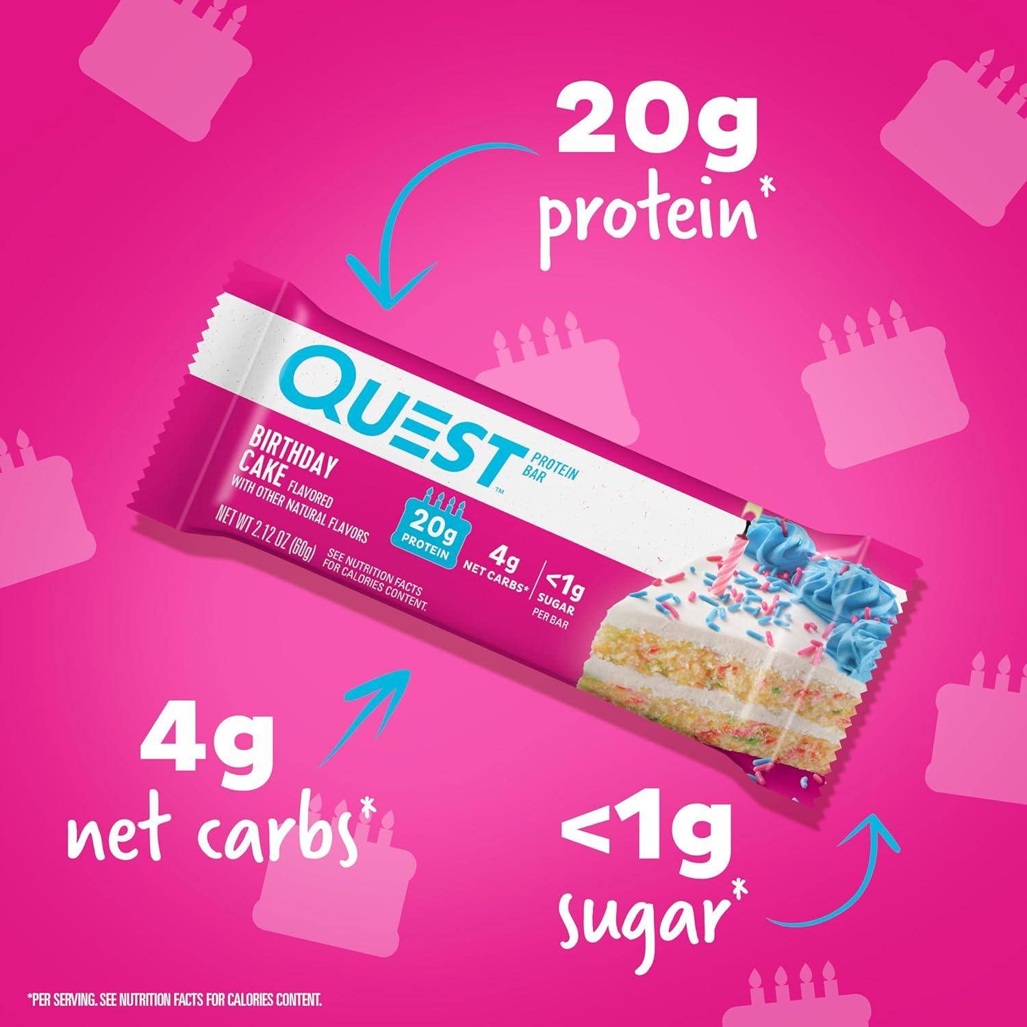 image:imageQuest Nutrition Birthday Cake Protein Bars 20g Protein 4g net Carbs 1g Sugar Gluten Free Keto Friendly 4 Count