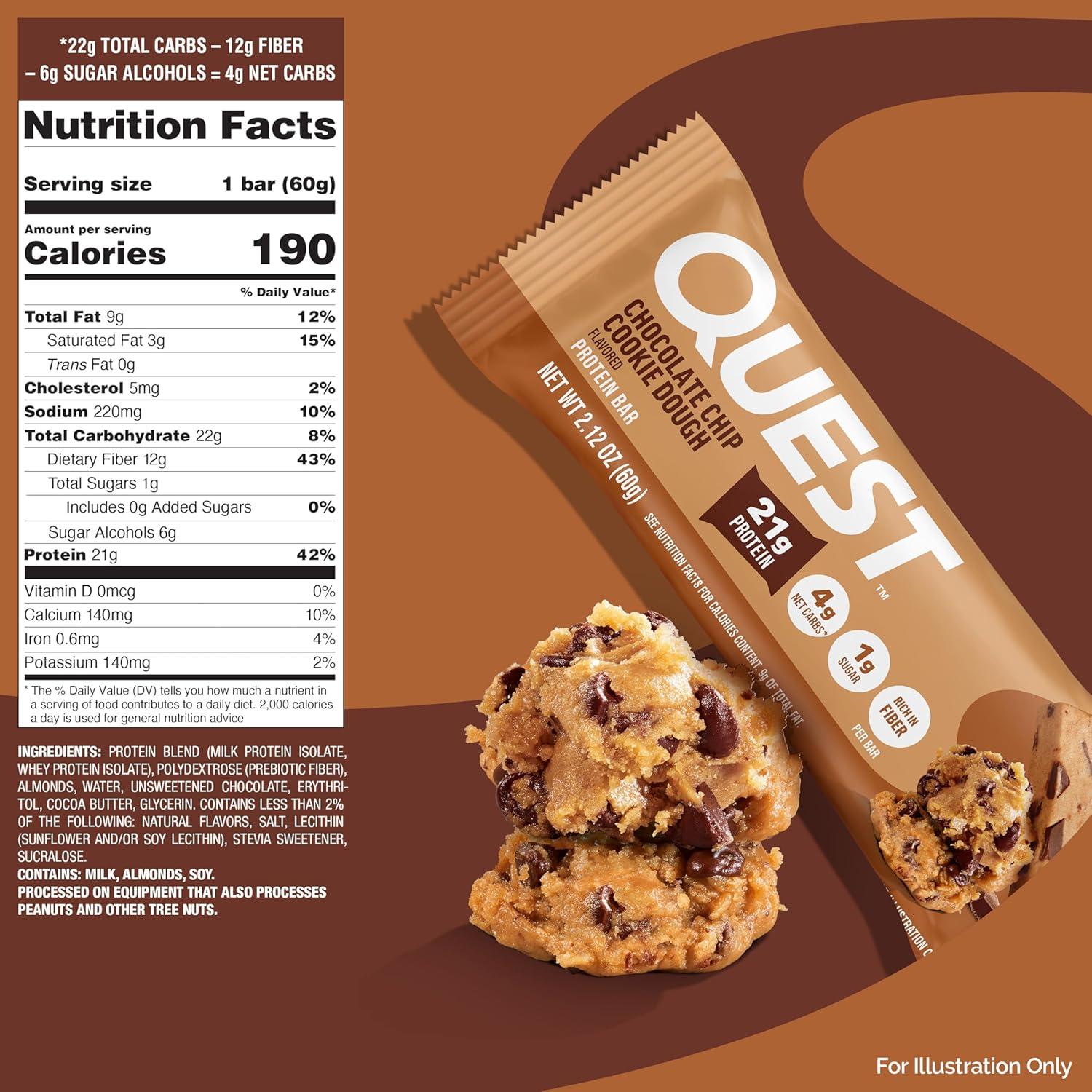 image:imageQuest Nutrition Chocolate Chip Cookie Dough High Protein Low Carb Gluten Free Keto Friendly 212 Oz 20 Count 4 Packs of 5