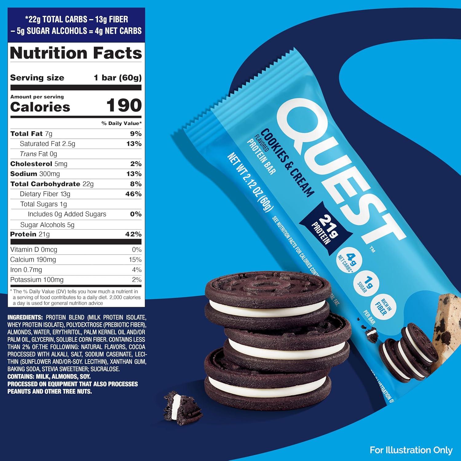 image:imageQuest Nutrition Chocolate Chip Cookie Dough Protein Bars High Protein Low Carb Gluten Free Keto Friendly 12 CountCookies Cream