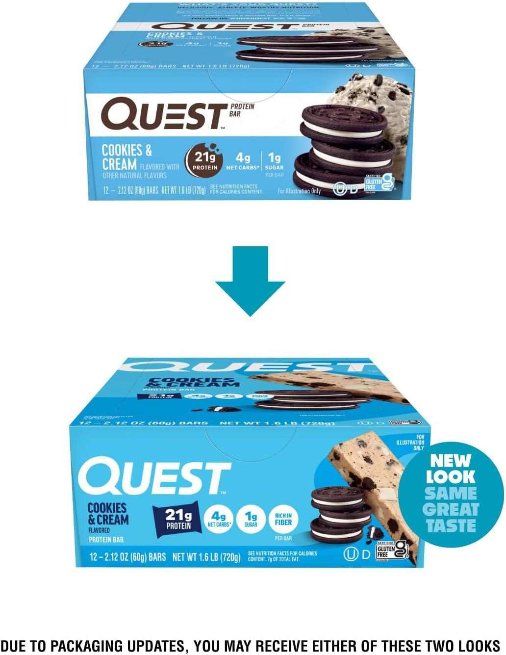 image:imageQuest Nutrition Chocolate Chip Cookie Dough Protein Bars High Protein Low Carb Gluten Free Keto Friendly 12 CountCookies Cream