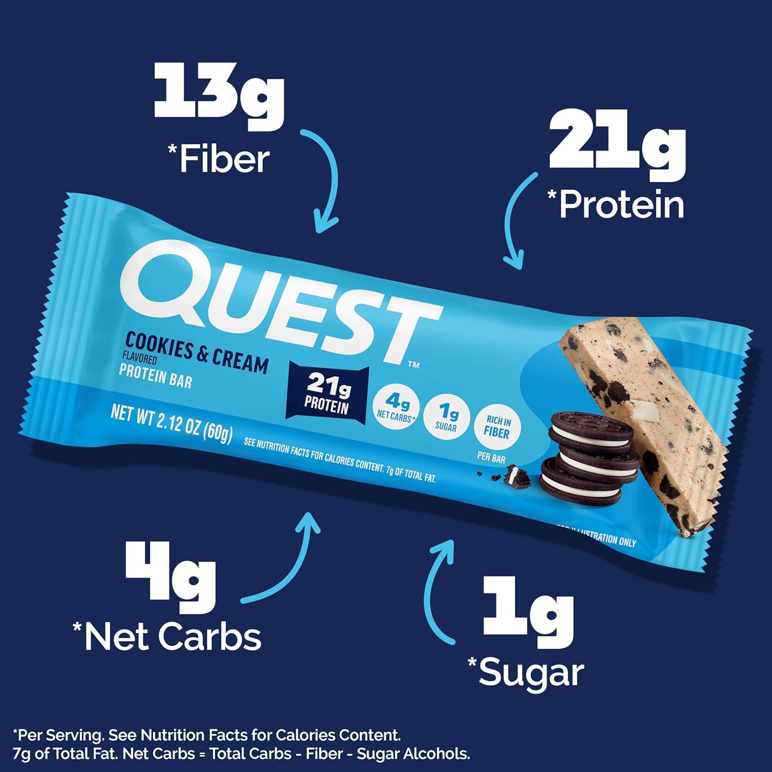image:imageQuest Nutrition Chocolate Chip Cookie Dough Protein Bars High Protein Low Carb Gluten Free Keto Friendly 12 CountCookies Cream