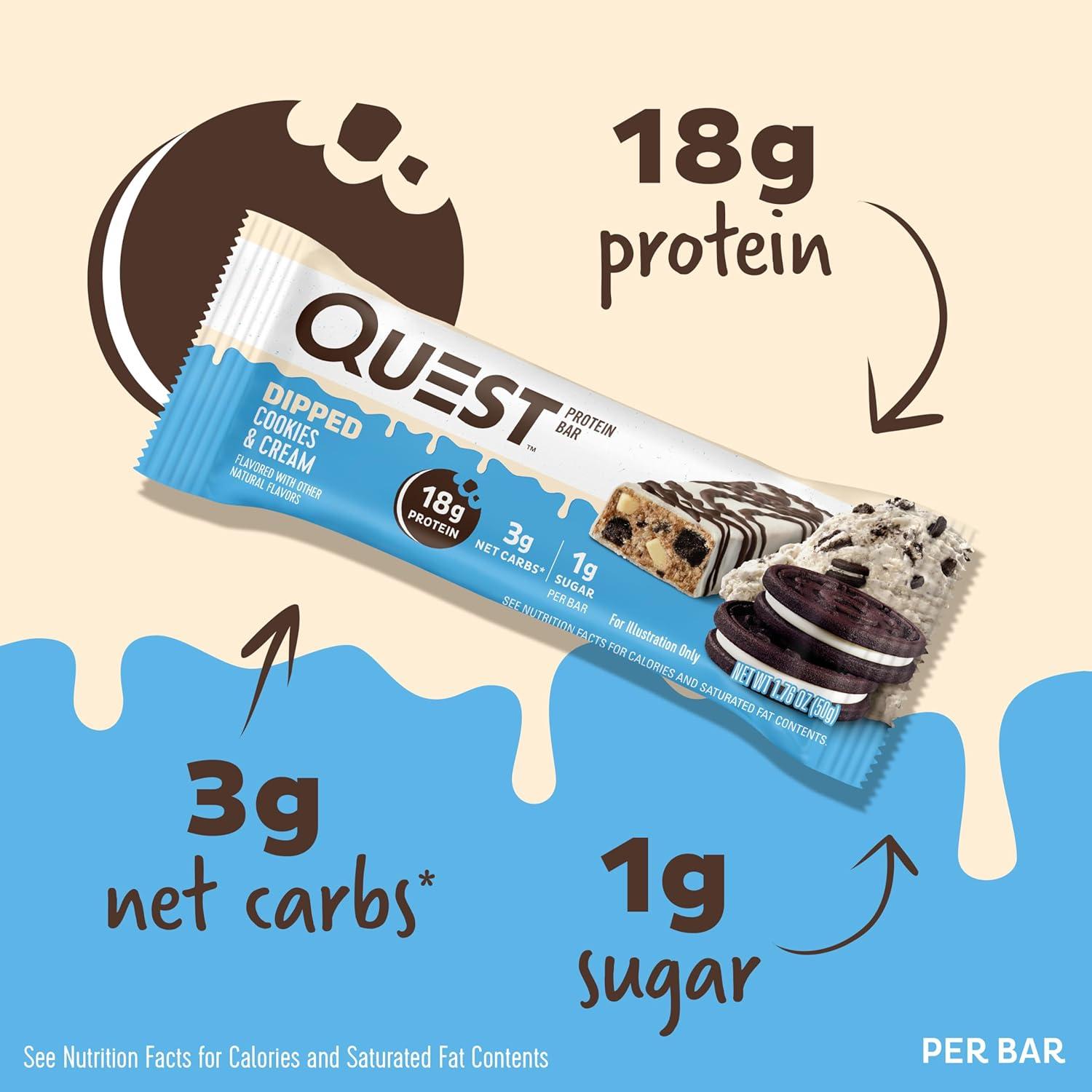 image:imageQuest Nutrition Chocolate Chip Cookie Dough Protein Bars High Protein Low Carb Gluten Free Keto Friendly 12 CountDipped Cookies Cream