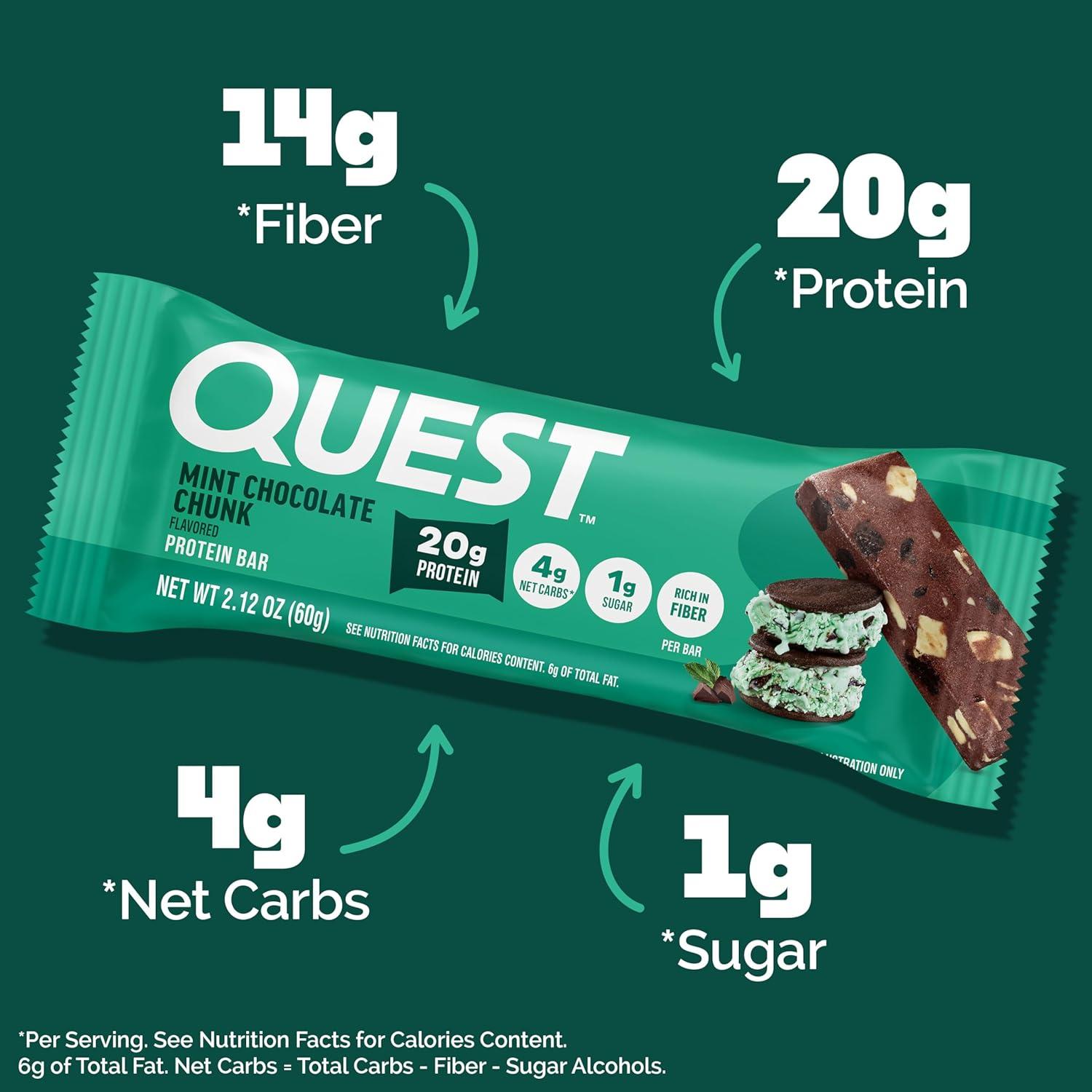 image:imageQuest Nutrition Chocolate Chip Cookie Dough Protein Bars High Protein Low Carb Gluten Free Keto Friendly 12 CountMint Chocolate Chunk