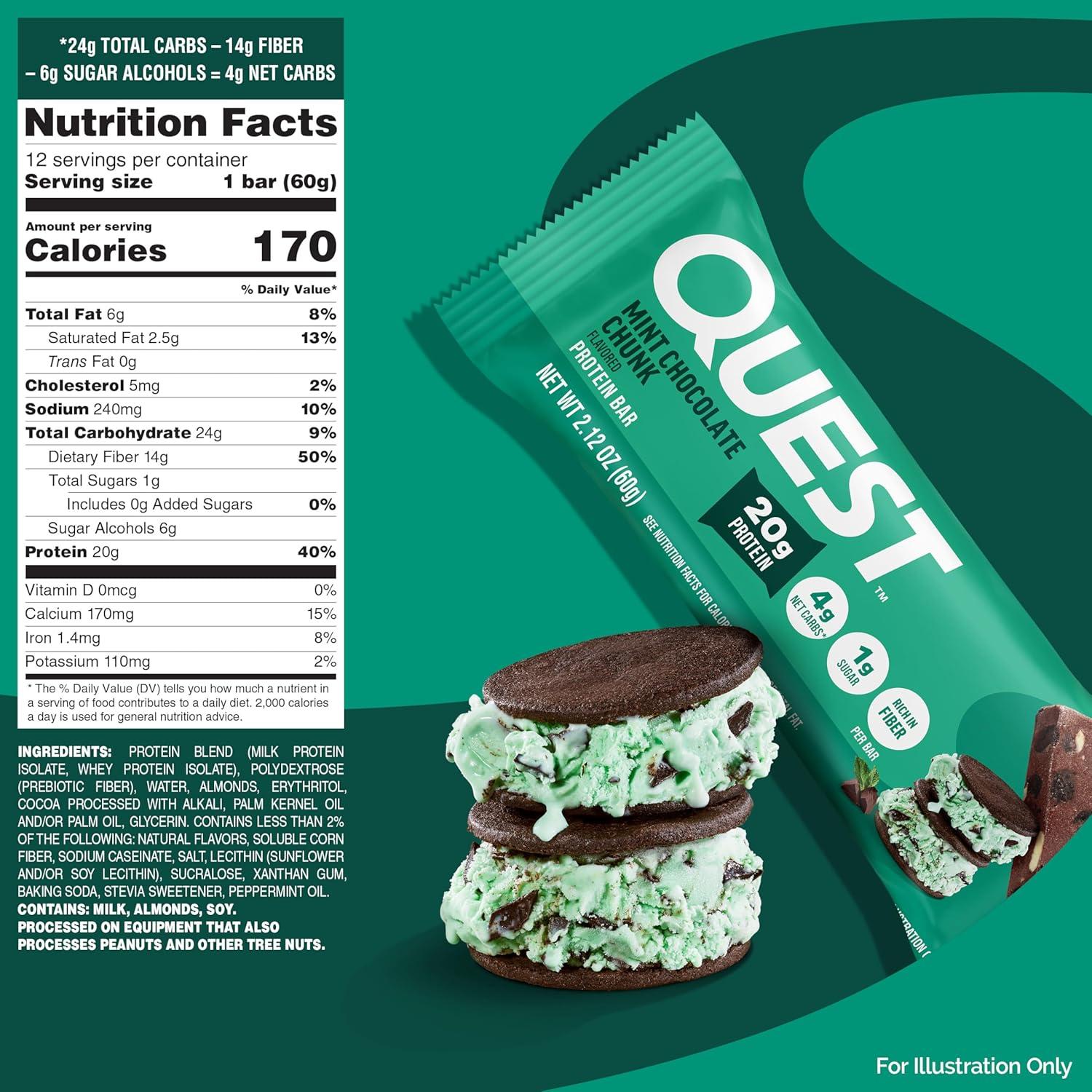 image:imageQuest Nutrition Chocolate Chip Cookie Dough Protein Bars High Protein Low Carb Gluten Free Keto Friendly 12 CountMint Chocolate Chunk