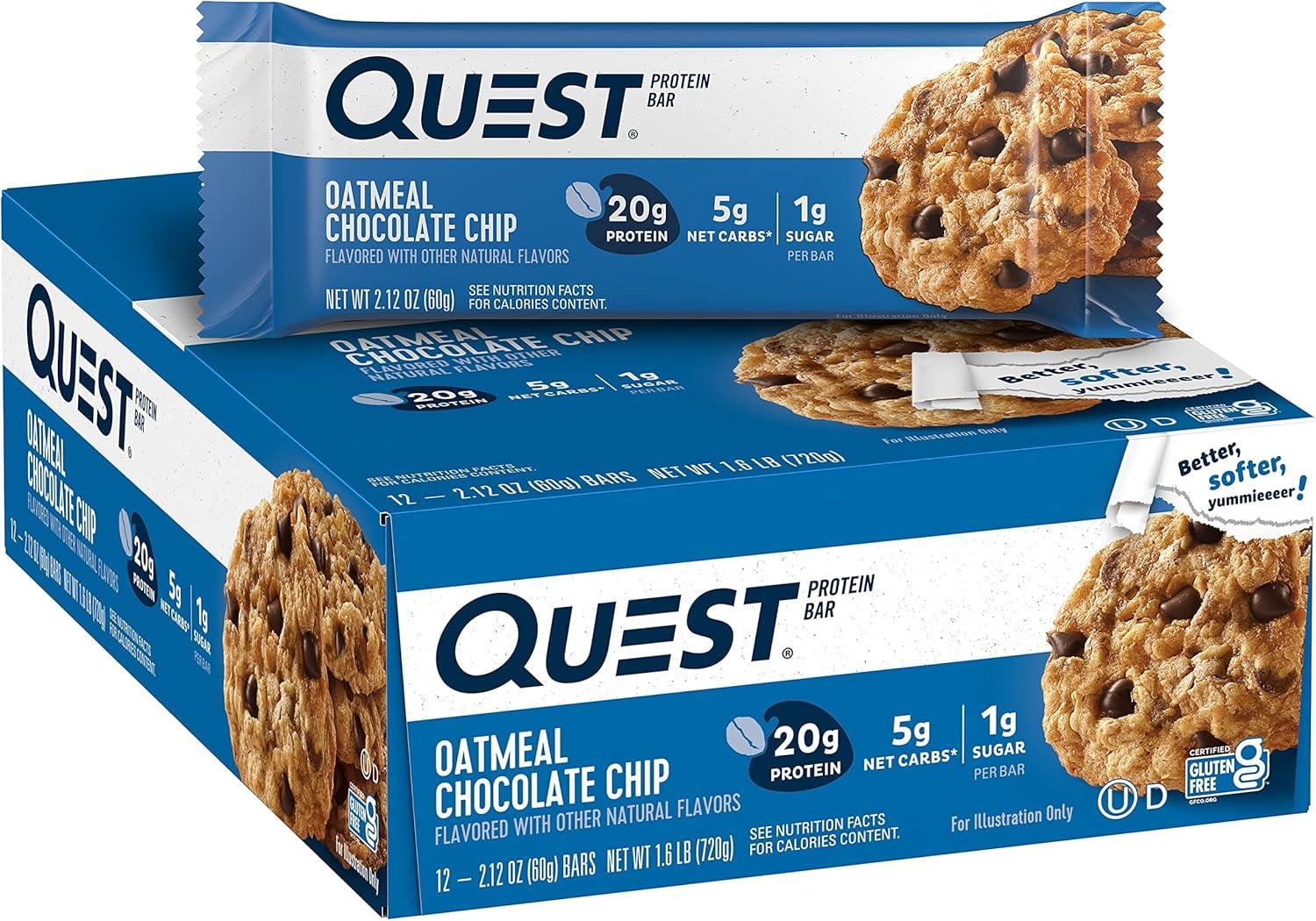 image:imageQuest Nutrition Chocolate Chip Cookie Dough Protein Bars High Protein Low Carb Gluten Free Keto Friendly 12 CountOatmeal Chocolate Chip