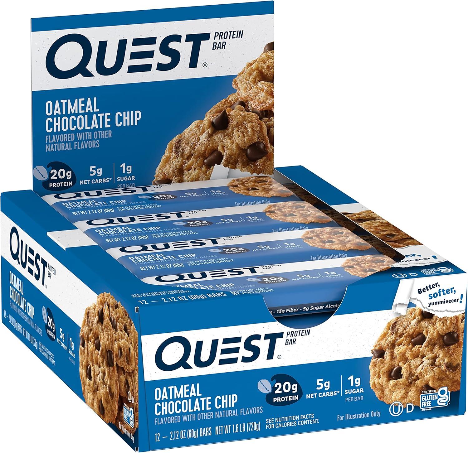 image:imageQuest Nutrition Chocolate Chip Cookie Dough Protein Bars High Protein Low Carb Gluten Free Keto Friendly 12 CountOatmeal Chocolate Chip