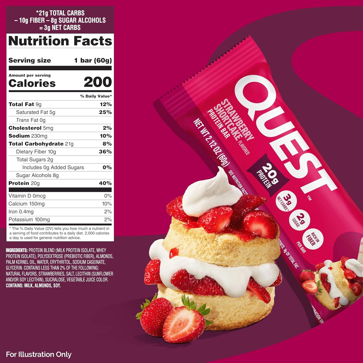 image:imageQuest Nutrition Chocolate Chip Cookie Dough Protein Bars High Protein Low Carb Gluten Free Keto Friendly 12 CountStrawberry Shortcake