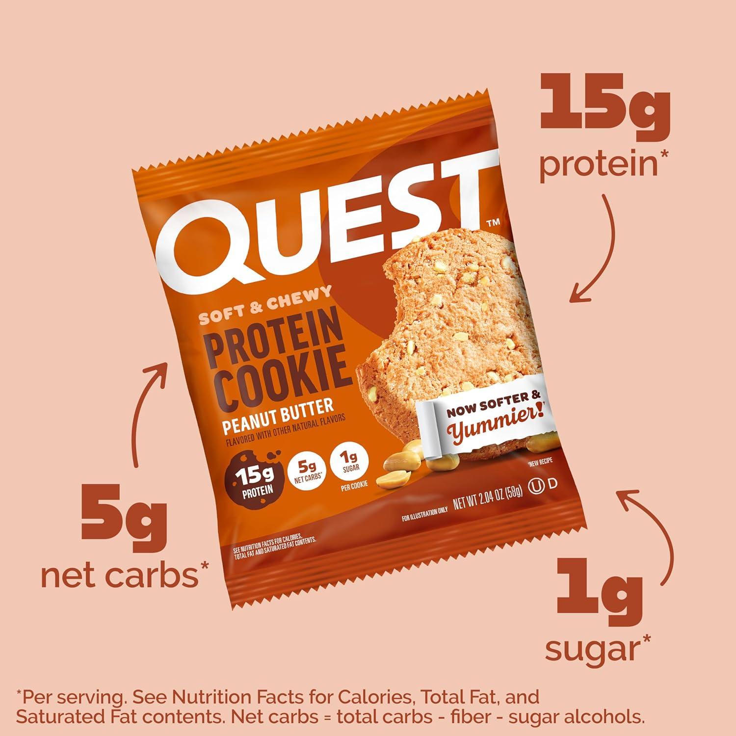 image:imageQuest Nutrition Chocolate Chip Protein Cookie 15g Protein 1g Sugar 2g Net Carbs Keto Friendly High Protein Low Carb 12 CountPeanut Butter