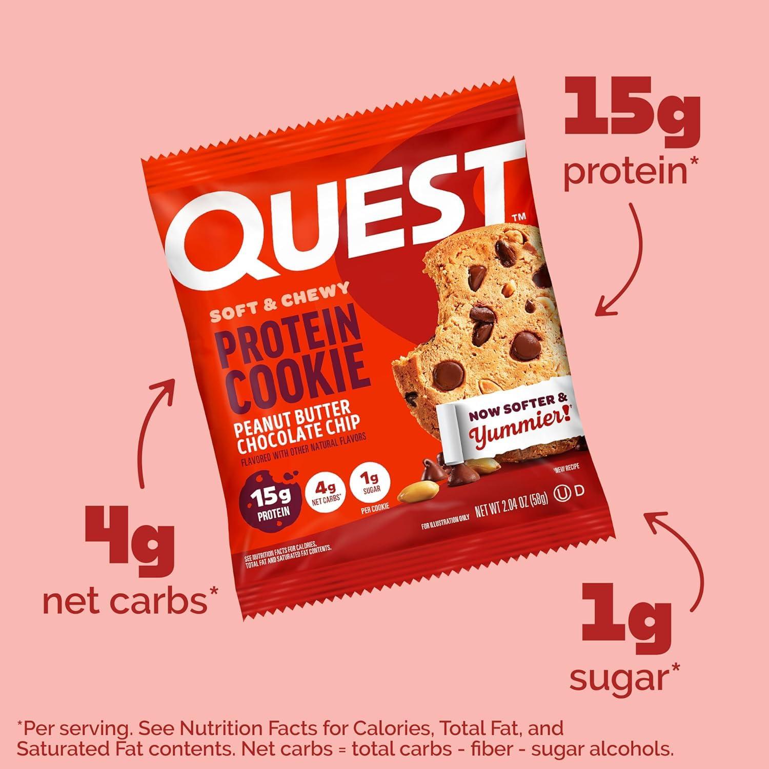 image:imageQuest Nutrition Chocolate Chip Protein Cookie 15g Protein 1g Sugar 2g Net Carbs Keto Friendly High Protein Low Carb 12 CountPeanut Butter Chocolate Chip