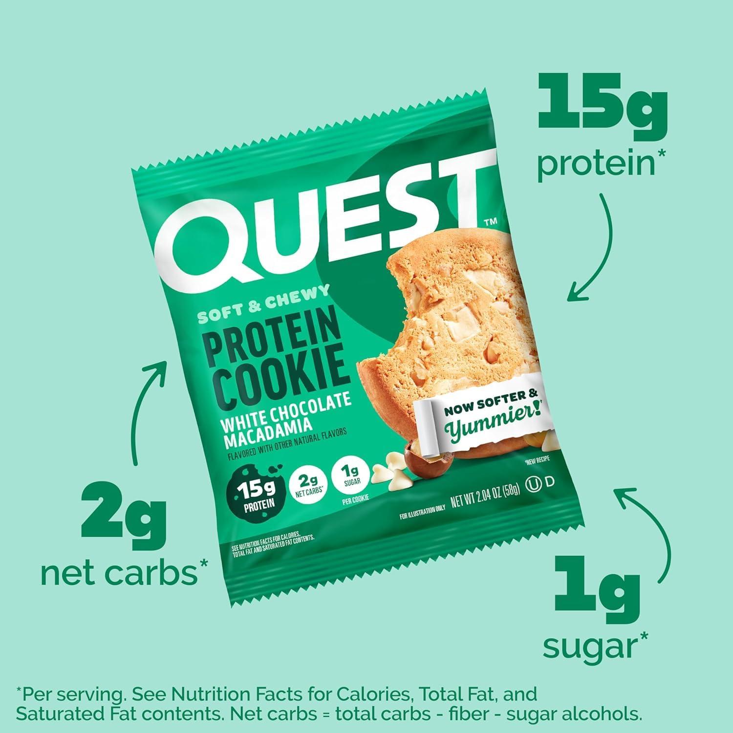 image:imageQuest Nutrition Chocolate Chip Protein Cookie 15g Protein 1g Sugar 2g Net Carbs Keto Friendly High Protein Low Carb 12 CountWhite Chocolate Macadamia