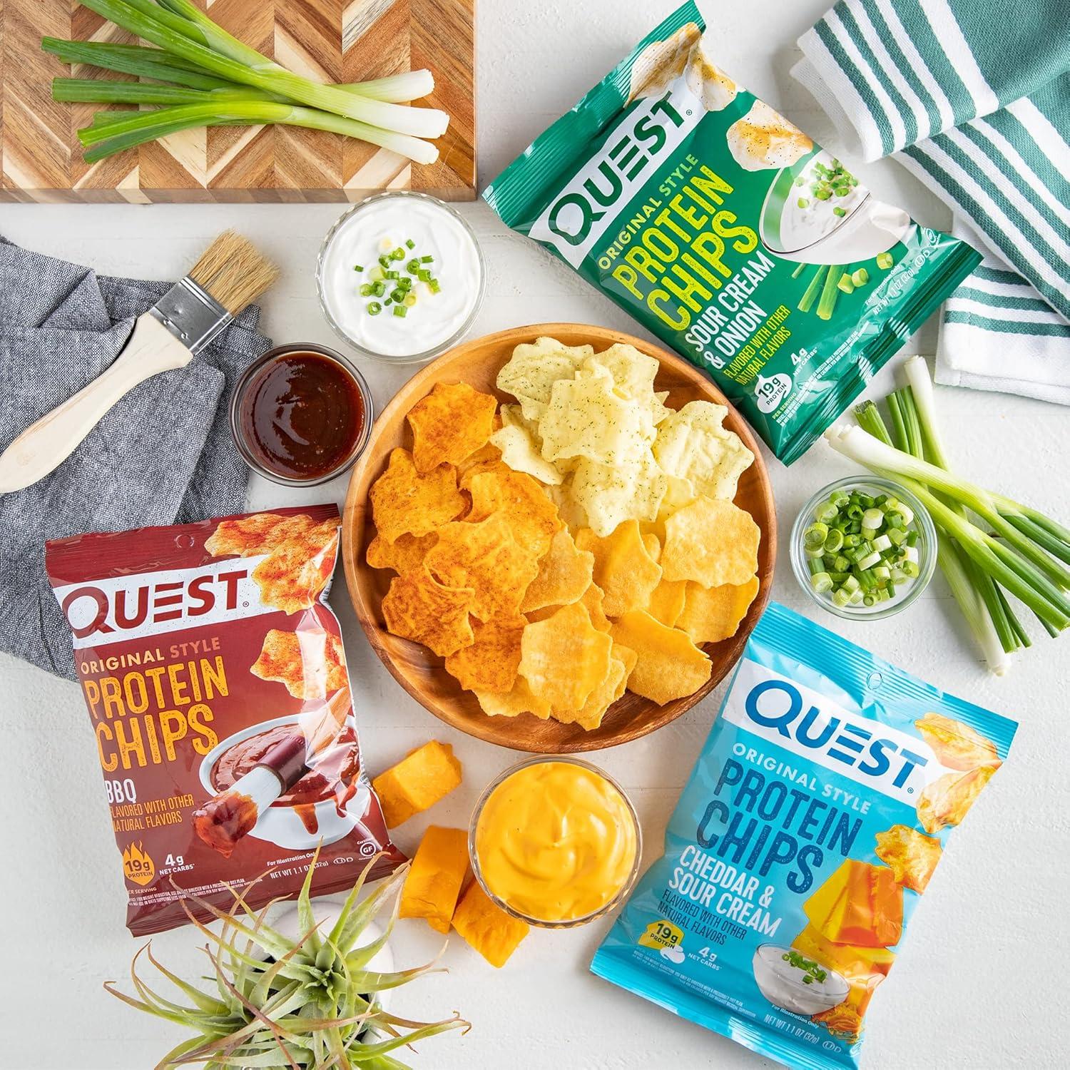 image:imageQuest Nutrition Dill Pickle Flavored Protein Chips 19g Protein 4g Net Carbs Protein Snacks Gluten Free 12 CountBarbecue Cheddar Sour Cream Sour Cream Onion