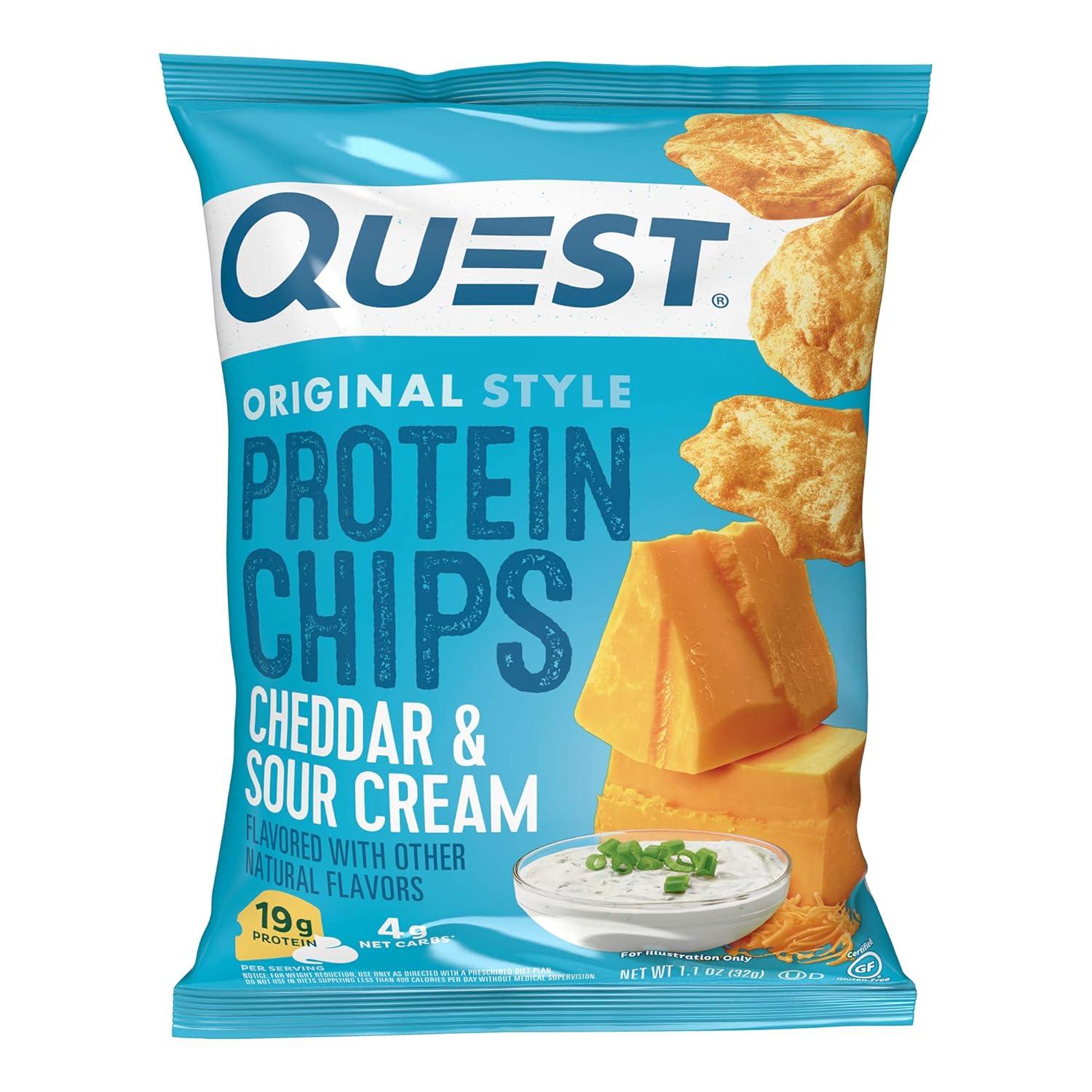 image:imageQuest Nutrition Dill Pickle Flavored Protein Chips 19g Protein 4g Net Carbs Protein Snacks Gluten Free 12 CountCheddar Sour Cream